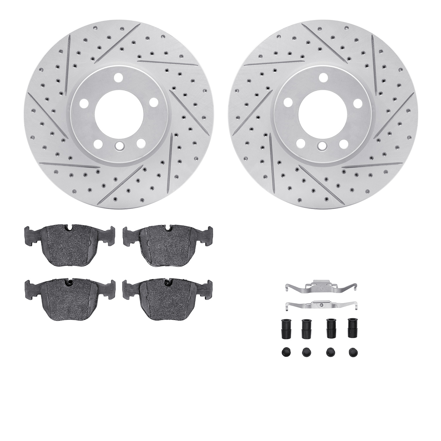 2512-31029 Geoperformance Drilled/Slotted Rotors w/5000 Advanced Brake Pads Kit & Hardware, 2000-2003 BMW, Position: Front