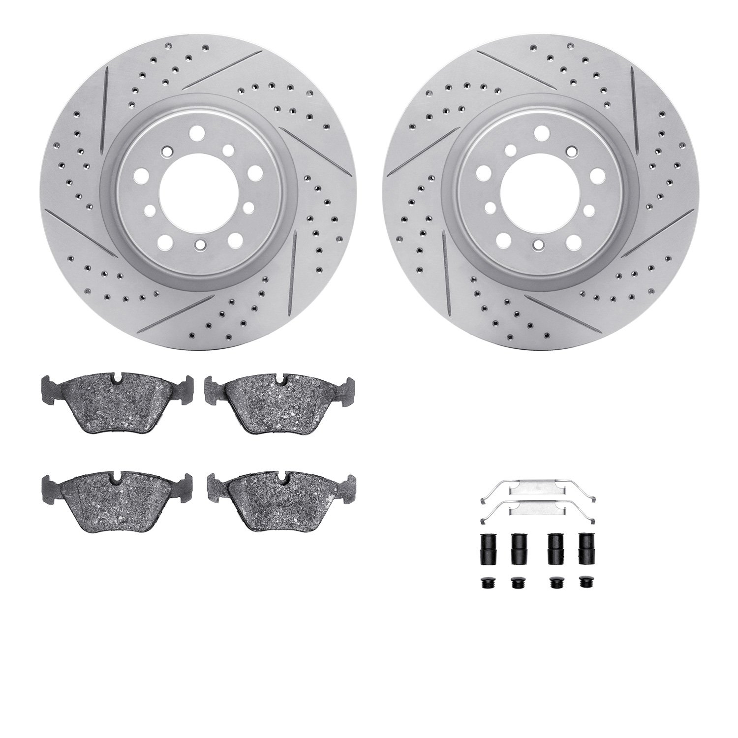 2512-31030 Geoperformance Drilled/Slotted Rotors w/5000 Advanced Brake Pads Kit & Hardware, 2001-2005 BMW, Position: Front