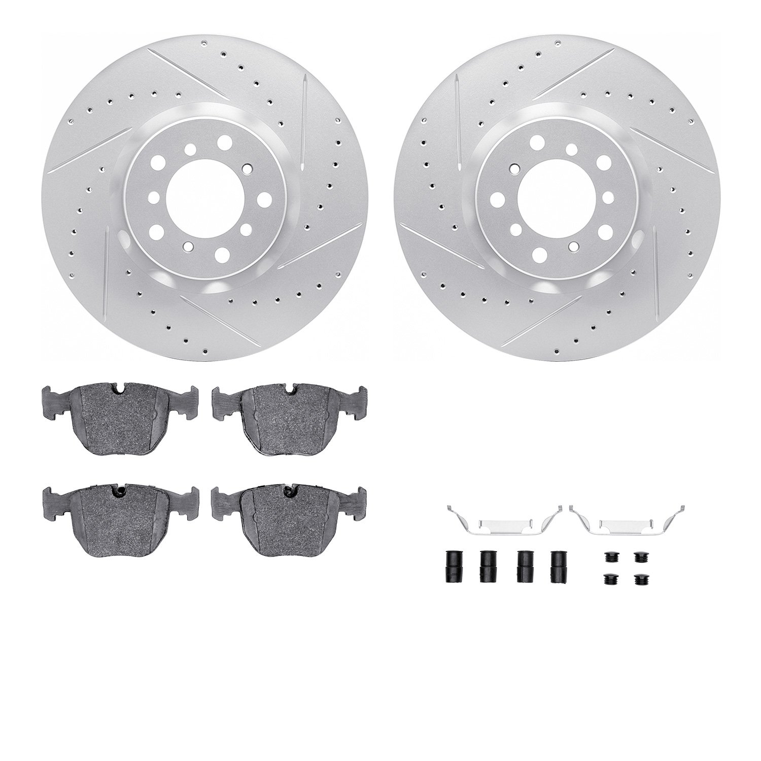 2512-31031 Geoperformance Drilled/Slotted Rotors w/5000 Advanced Brake Pads Kit & Hardware, 2000-2003 BMW, Position: Front