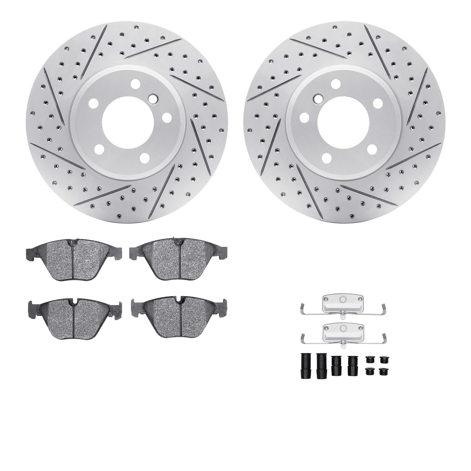 2512-31037 Geoperformance Drilled/Slotted Rotors w/5000 Advanced Brake Pads Kit & Hardware, 2008-2010 BMW, Position: Front