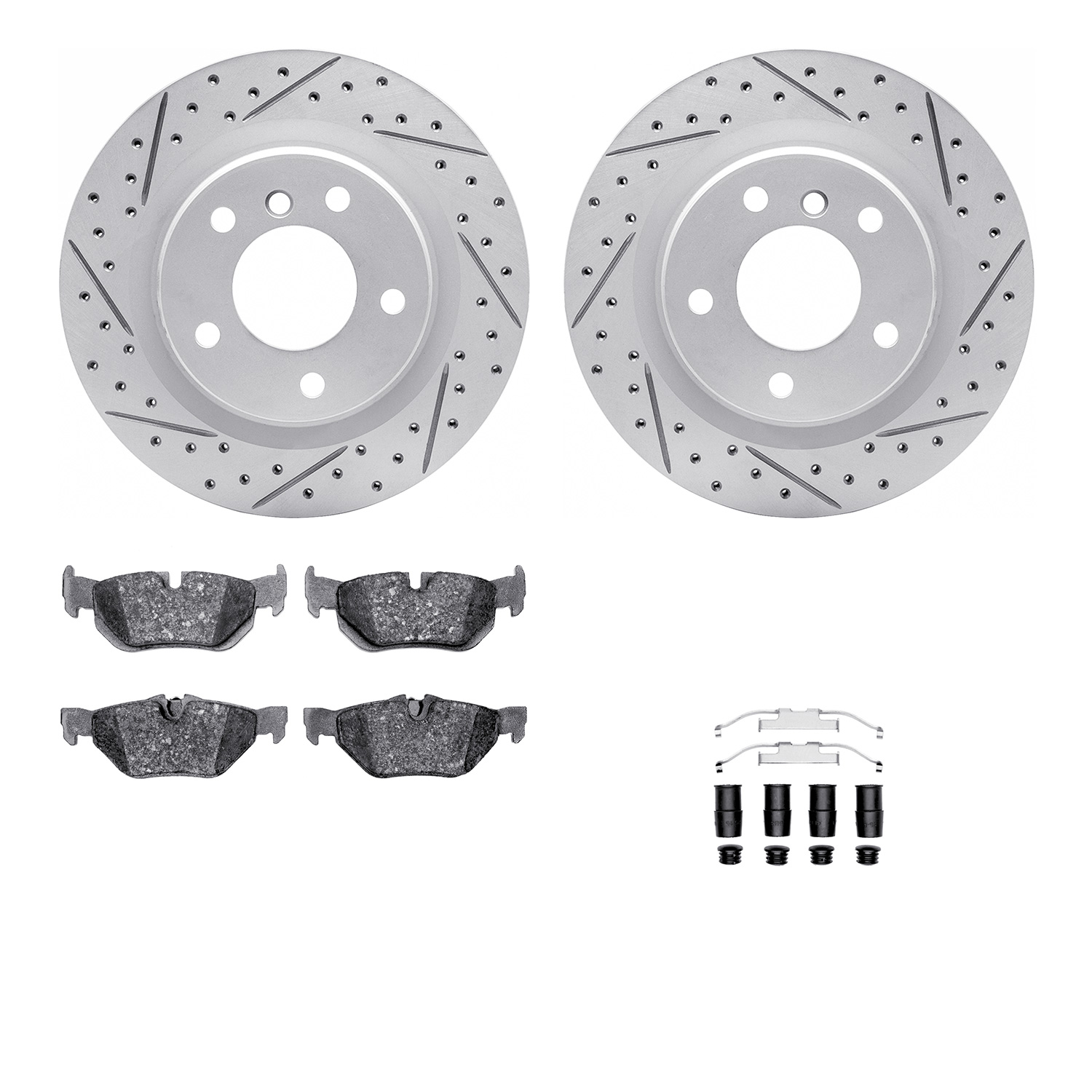 2512-31047 Geoperformance Drilled/Slotted Rotors w/5000 Advanced Brake Pads Kit & Hardware, 2006-2013 BMW, Position: Rear