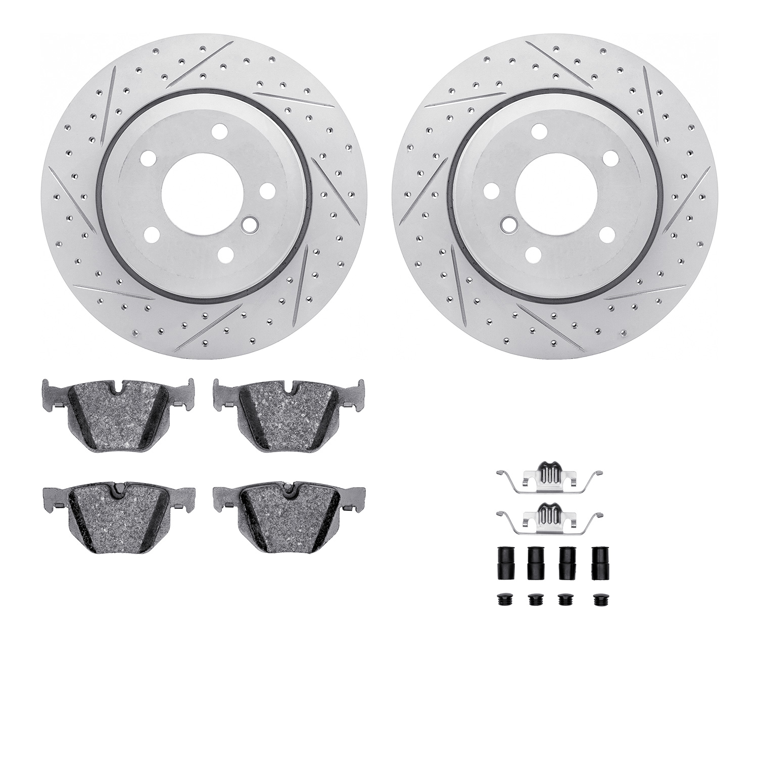 2512-31049 Geoperformance Drilled/Slotted Rotors w/5000 Advanced Brake Pads Kit & Hardware, 2006-2010 BMW, Position: Rear
