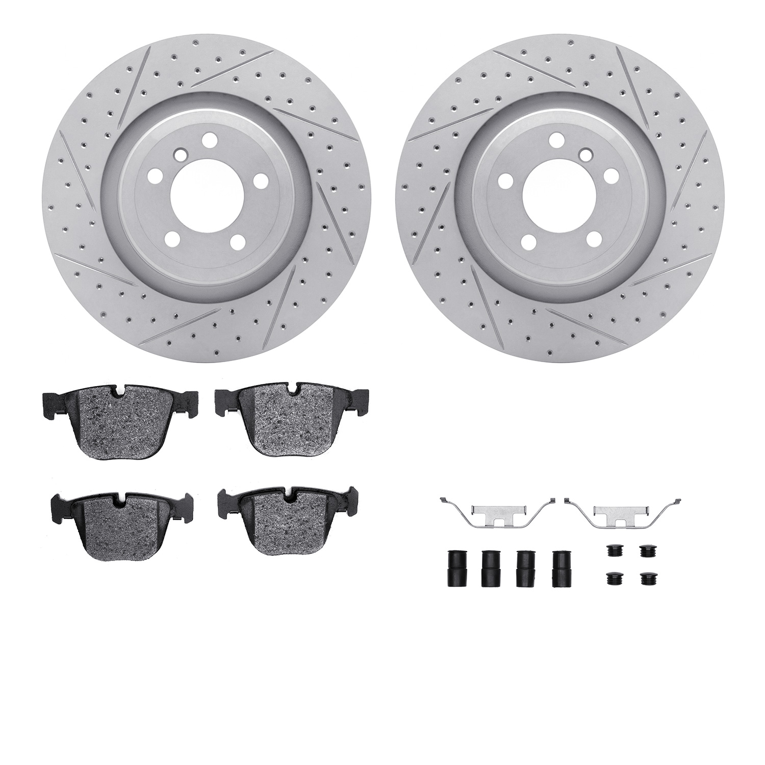 2512-31054 Geoperformance Drilled/Slotted Rotors w/5000 Advanced Brake Pads Kit & Hardware, 2007-2008 BMW, Position: Rear