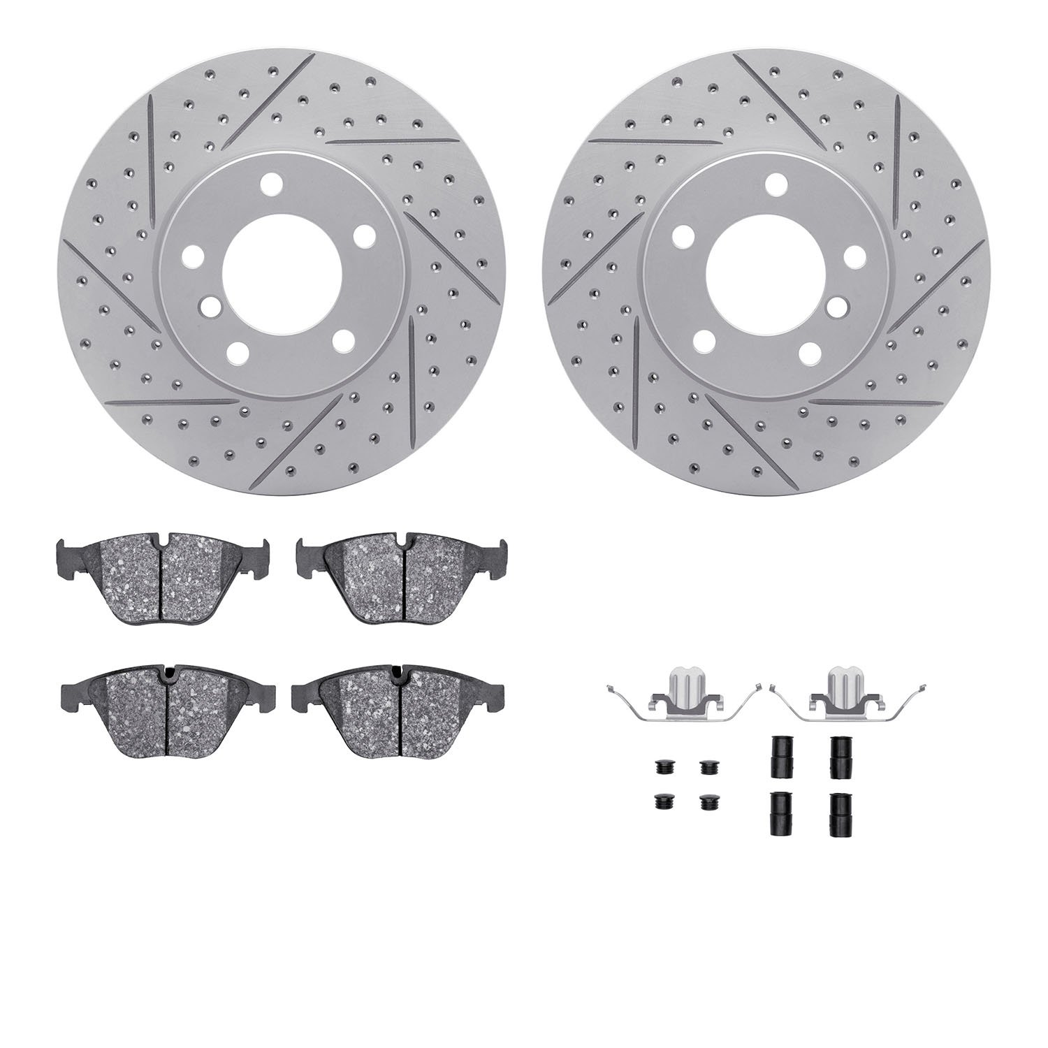 2512-31057 Geoperformance Drilled/Slotted Rotors w/5000 Advanced Brake Pads Kit & Hardware, 2008-2015 BMW, Position: Front