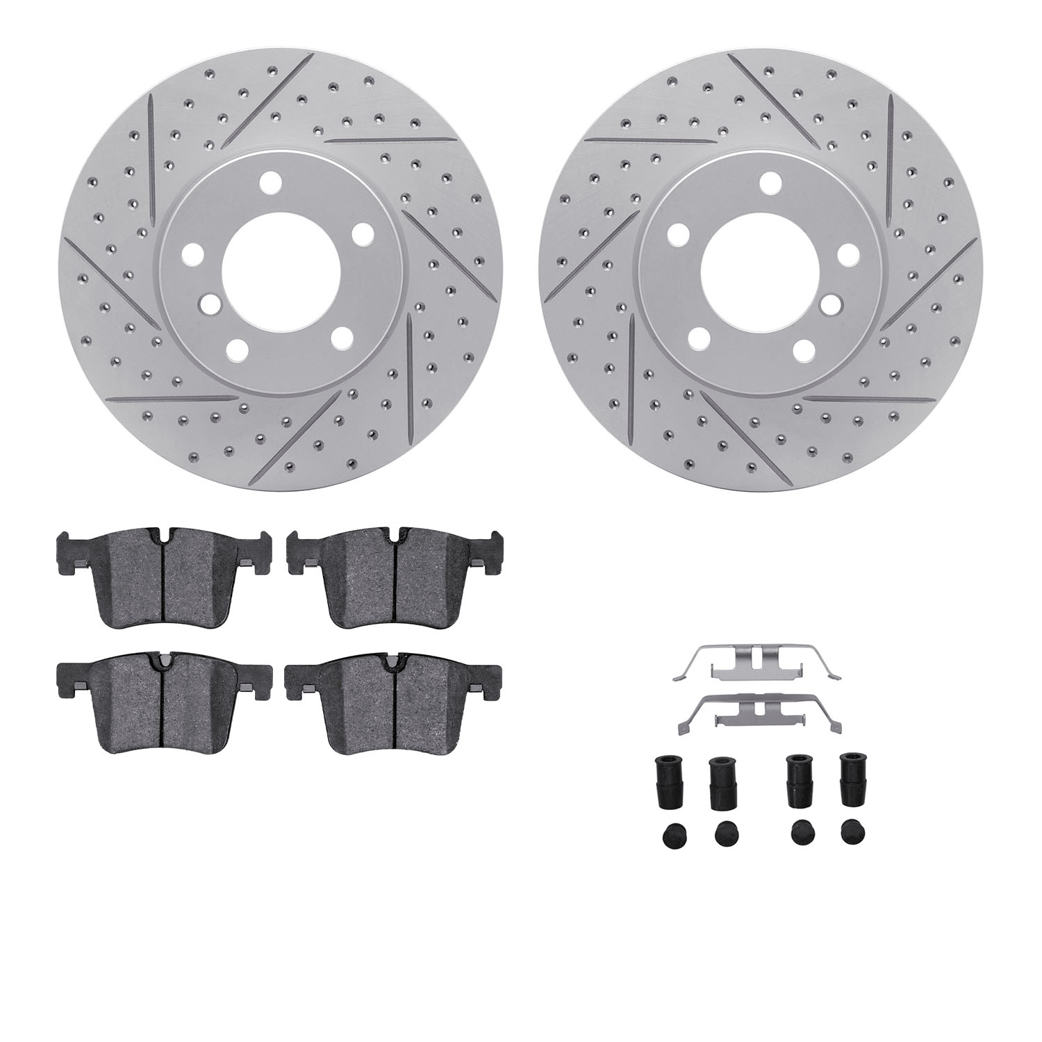 2512-31058 Geoperformance Drilled/Slotted Rotors w/5000 Advanced Brake Pads Kit & Hardware, 2013-2013 BMW, Position: Front