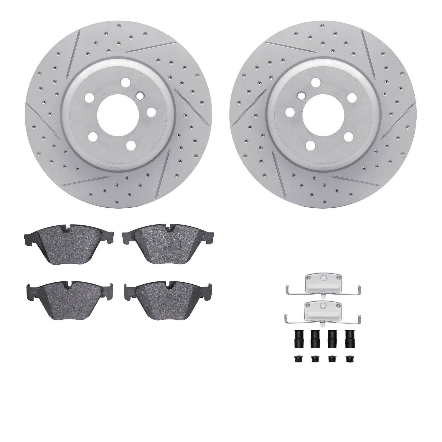2512-31063 Geoperformance Drilled/Slotted Rotors w/5000 Advanced Brake Pads Kit & Hardware, 2012-2019 BMW, Position: Front