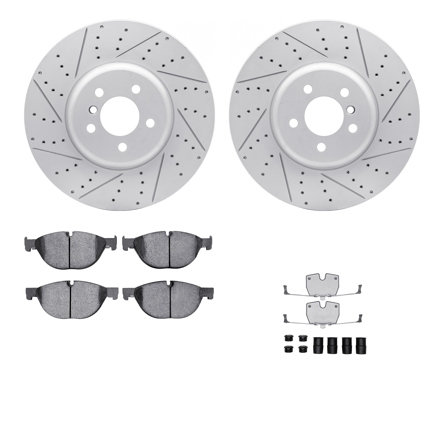 2512-31067 Geoperformance Drilled/Slotted Rotors w/5000 Advanced Brake Pads Kit & Hardware, 2009-2017 BMW, Position: Front
