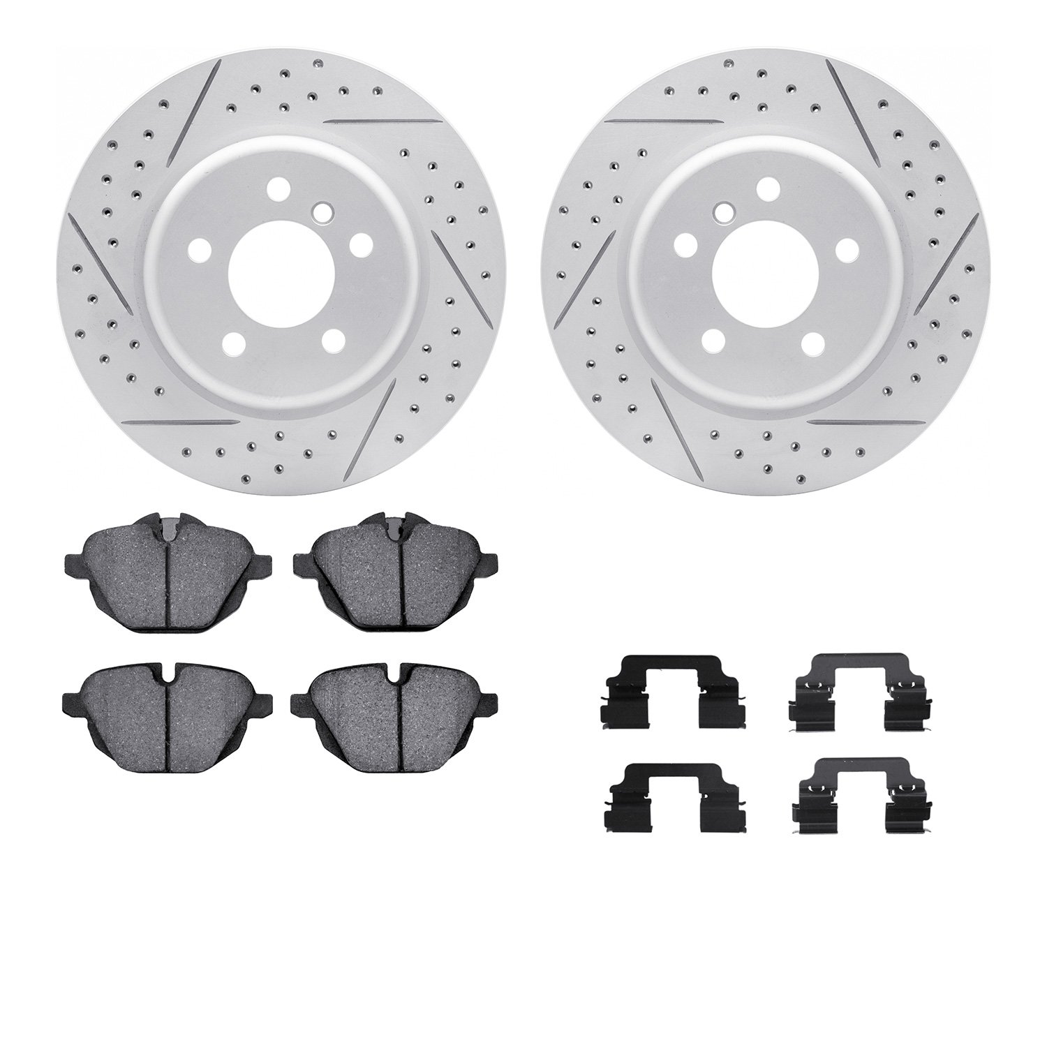 2512-31068 Geoperformance Drilled/Slotted Rotors w/5000 Advanced Brake Pads Kit & Hardware, 2011-2016 BMW, Position: Rear