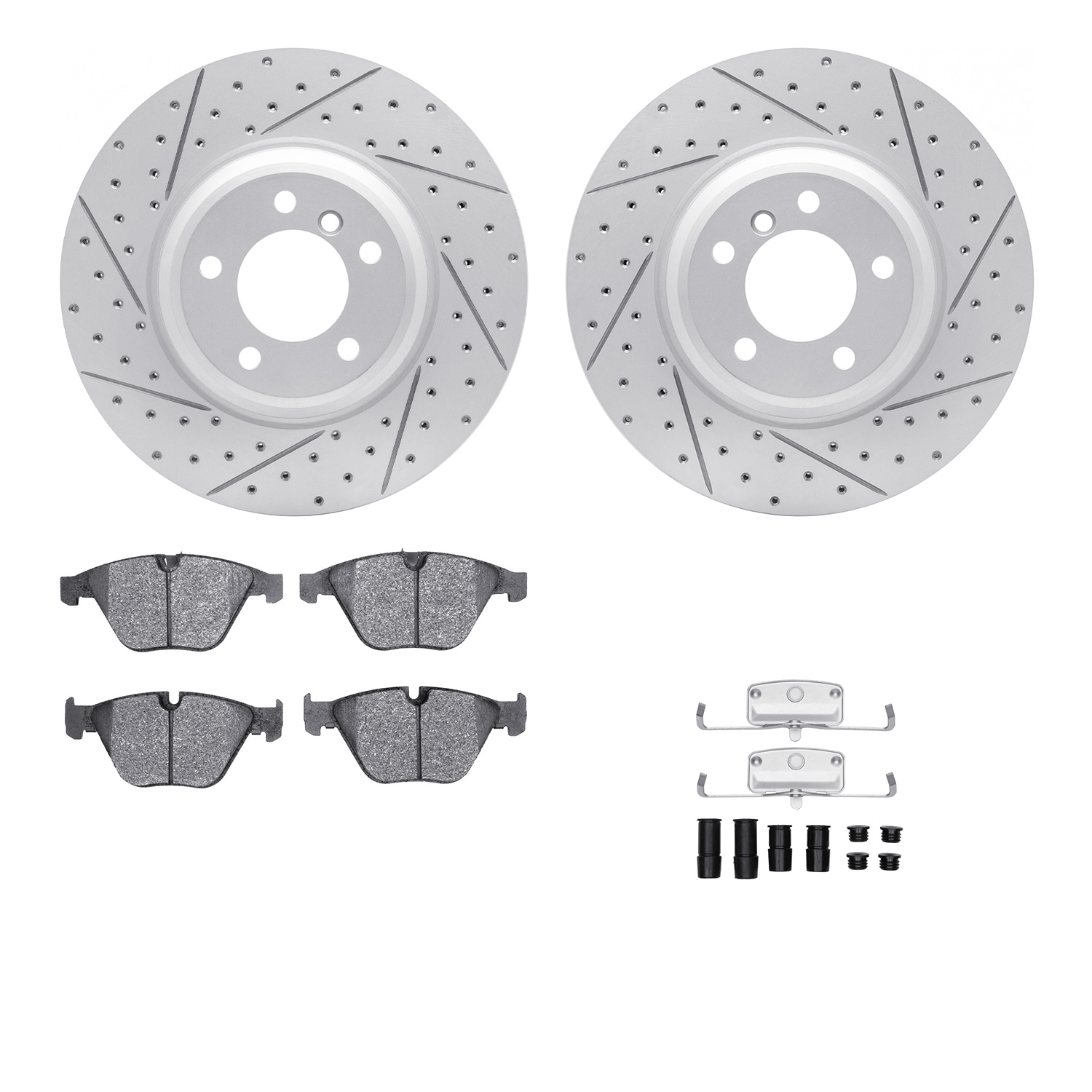 2512-31070 Geoperformance Drilled/Slotted Rotors w/5000 Advanced Brake Pads Kit & Hardware, 2007-2015 BMW, Position: Front