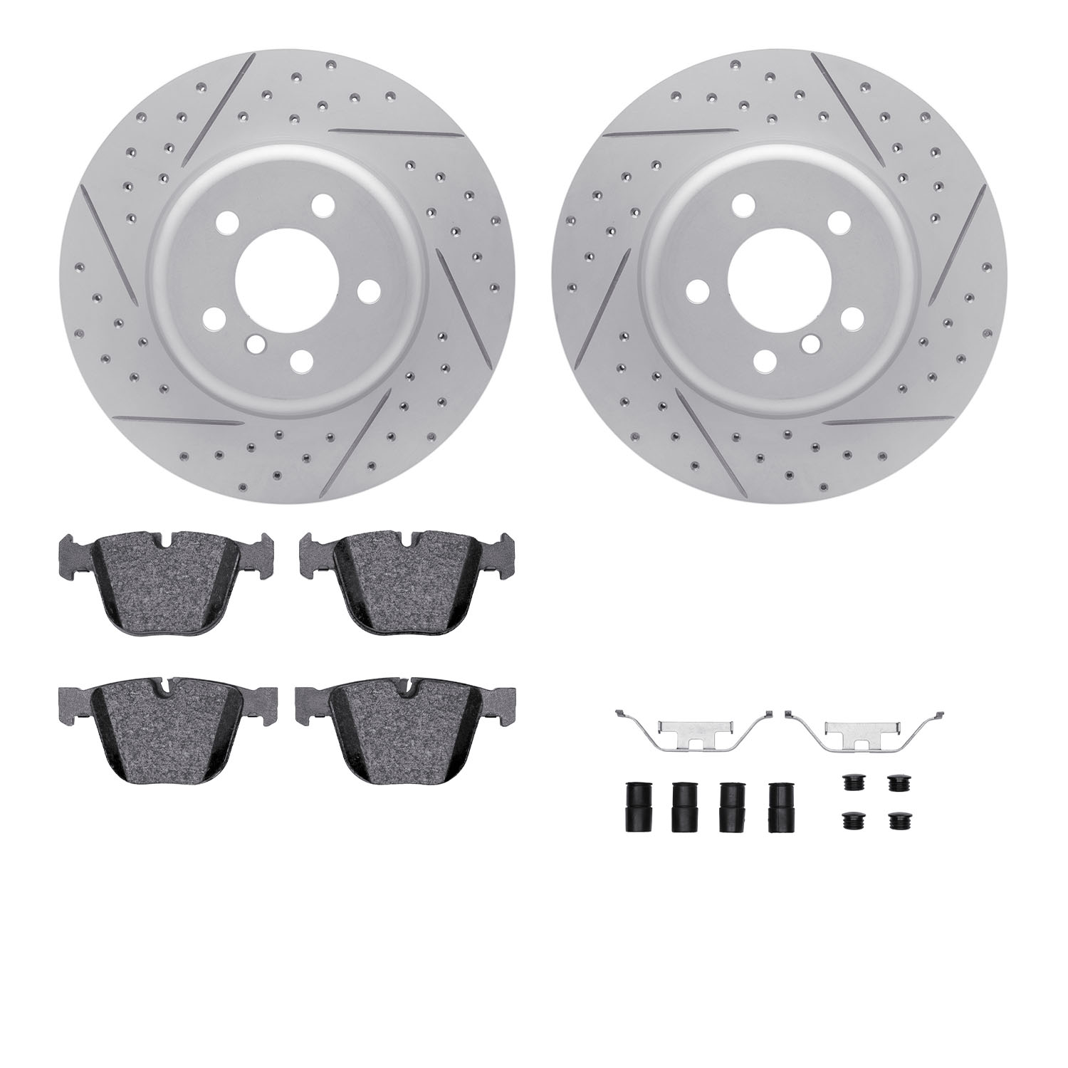 2512-31074 Geoperformance Drilled/Slotted Rotors w/5000 Advanced Brake Pads Kit & Hardware, 2010-2017 BMW, Position: Rear