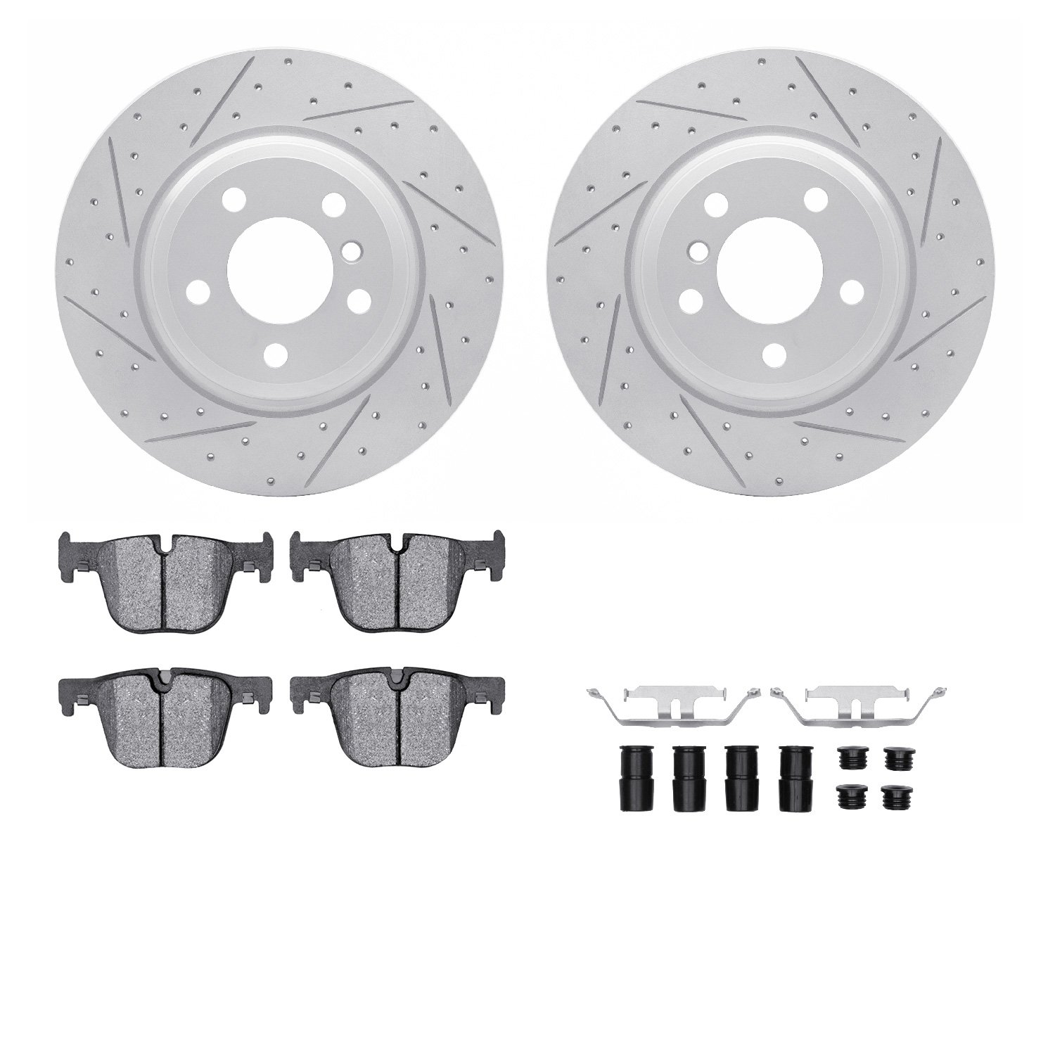2512-31082 Geoperformance Drilled/Slotted Rotors w/5000 Advanced Brake Pads Kit & Hardware, 2014-2015 BMW, Position: Rear