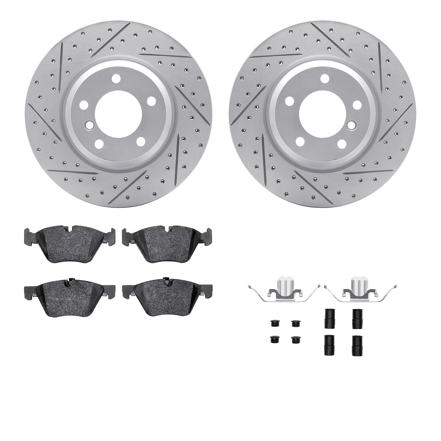 2512-31083 Geoperformance Drilled/Slotted Rotors w/5000 Advanced Brake Pads Kit & Hardware, 2006-2006 BMW, Position: Front