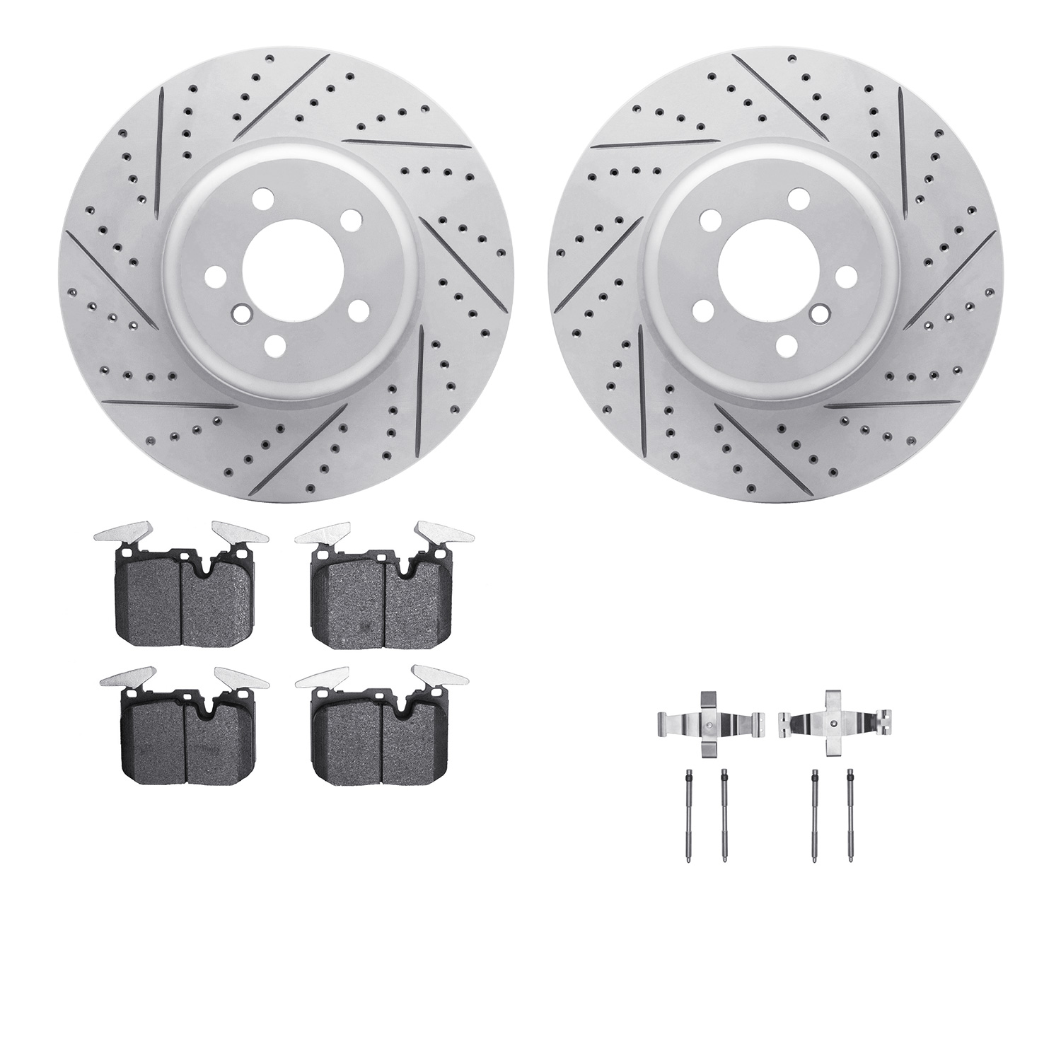 2512-31085 Geoperformance Drilled/Slotted Rotors w/5000 Advanced Brake Pads Kit & Hardware, 2013-2020 BMW, Position: Front