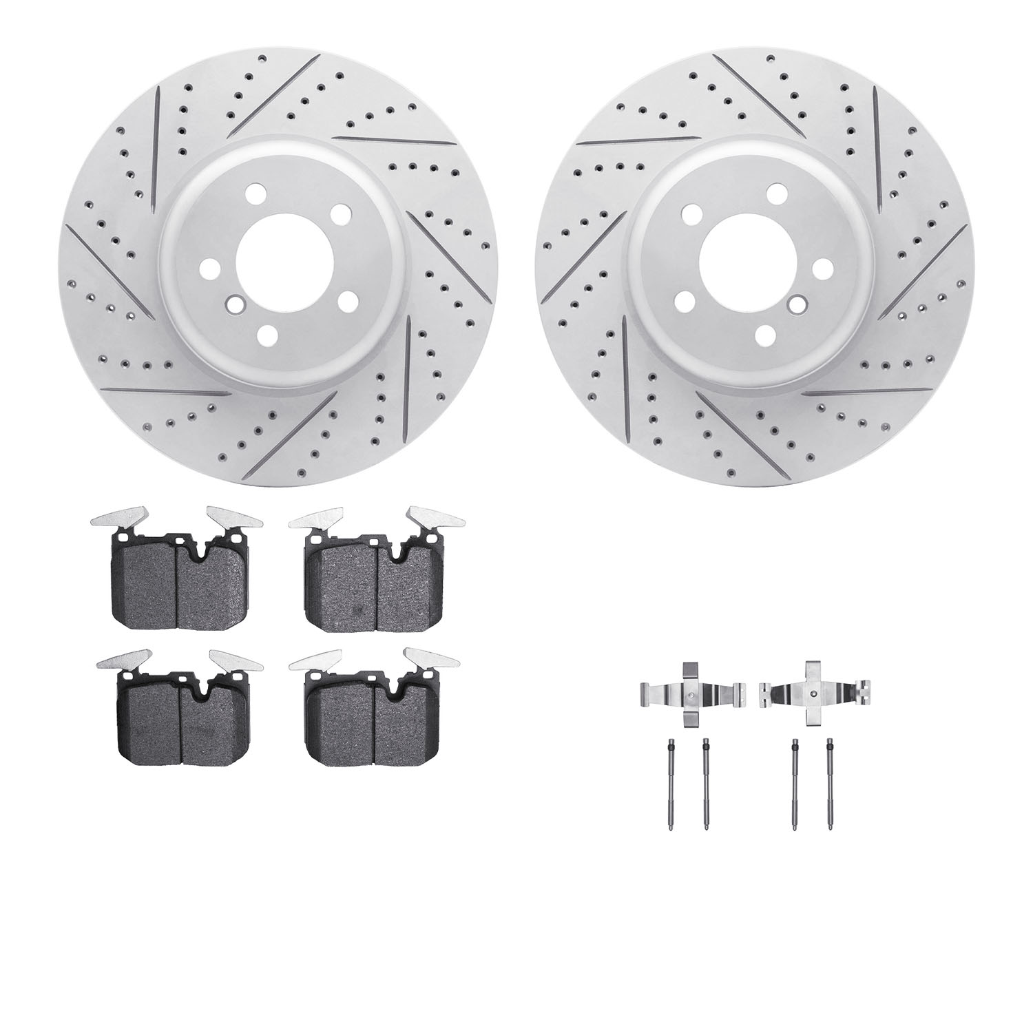2512-31086 Geoperformance Drilled/Slotted Rotors w/5000 Advanced Brake Pads Kit & Hardware, 2013-2020 BMW, Position: Front