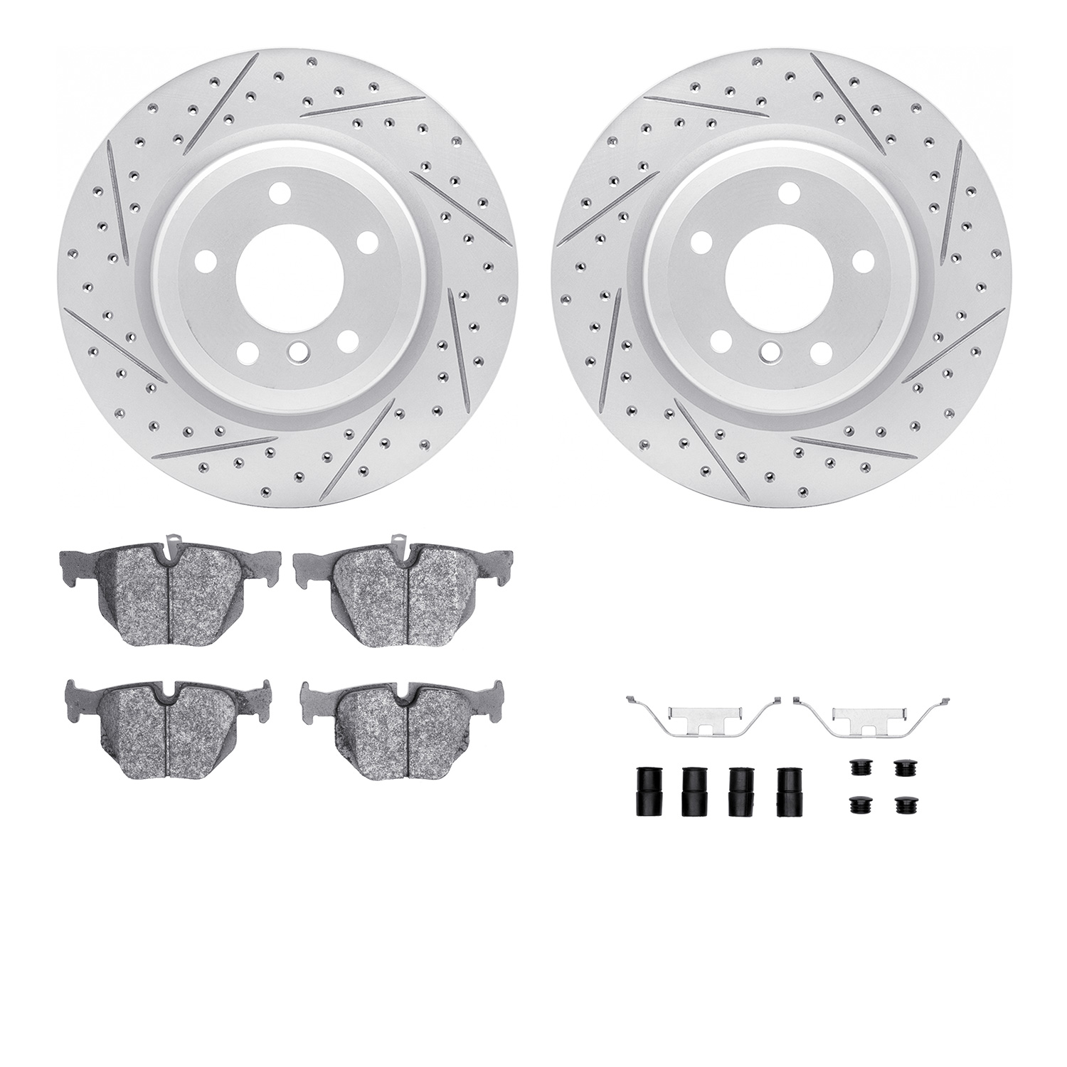 2512-31087 Geoperformance Drilled/Slotted Rotors w/5000 Advanced Brake Pads Kit & Hardware, 2006-2015 BMW, Position: Rear