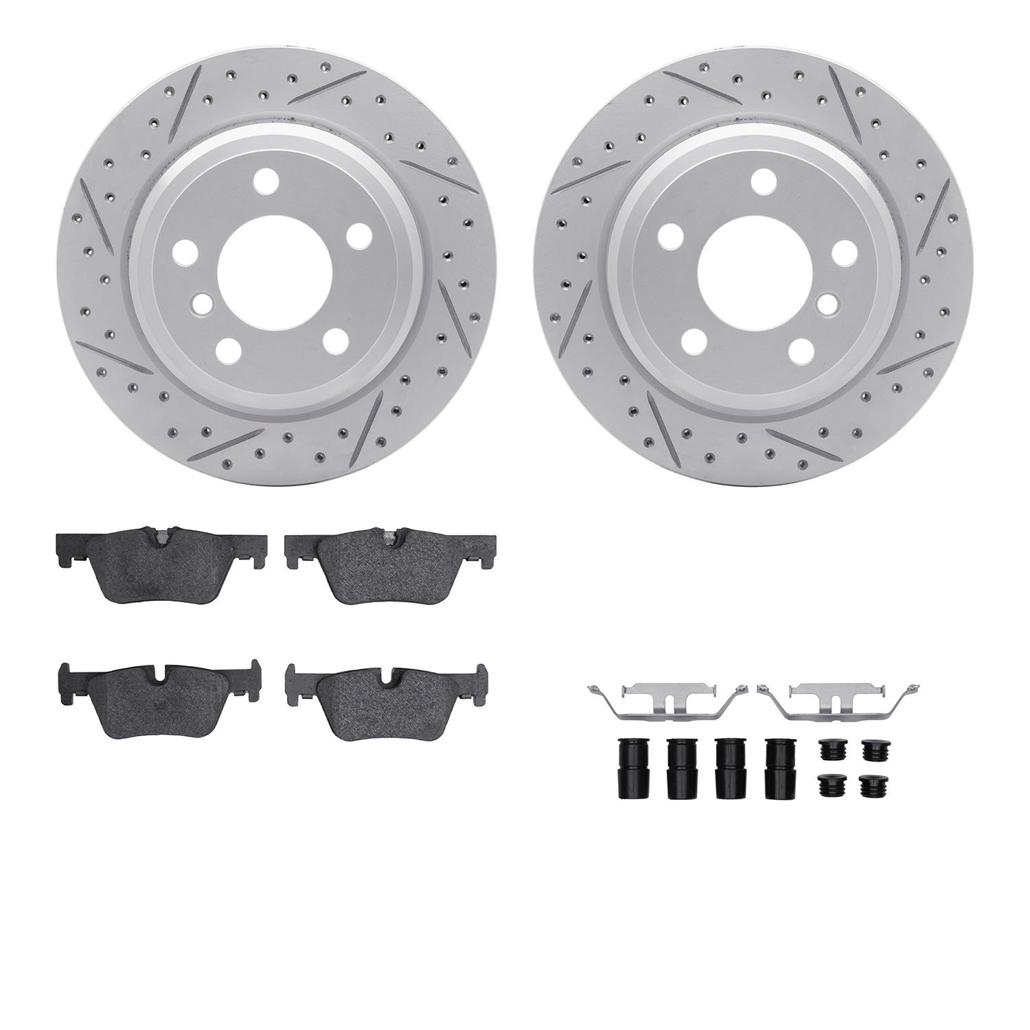 2512-31088 Geoperformance Drilled/Slotted Rotors w/5000 Advanced Brake Pads Kit & Hardware, 2013-2020 BMW, Position: Rear