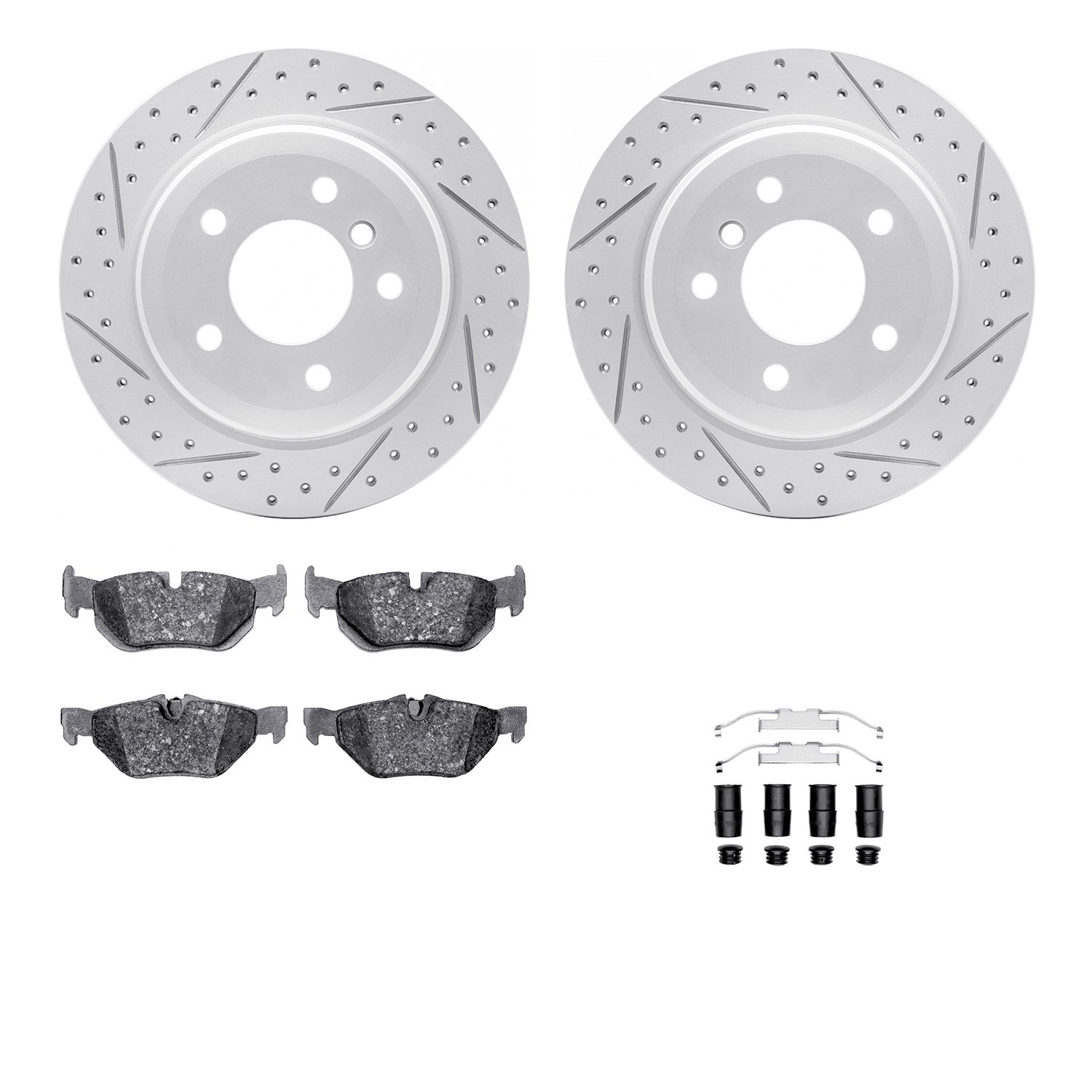 2512-31090 Geoperformance Drilled/Slotted Rotors w/5000 Advanced Brake Pads Kit & Hardware, 2006-2015 BMW, Position: Rear