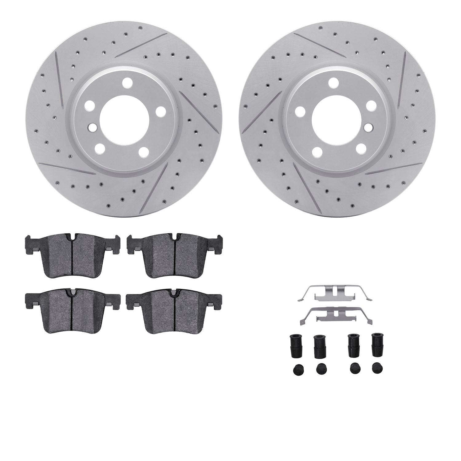 2512-31091 Geoperformance Drilled/Slotted Rotors w/5000 Advanced Brake Pads Kit & Hardware, 2012-2018 BMW, Position: Front