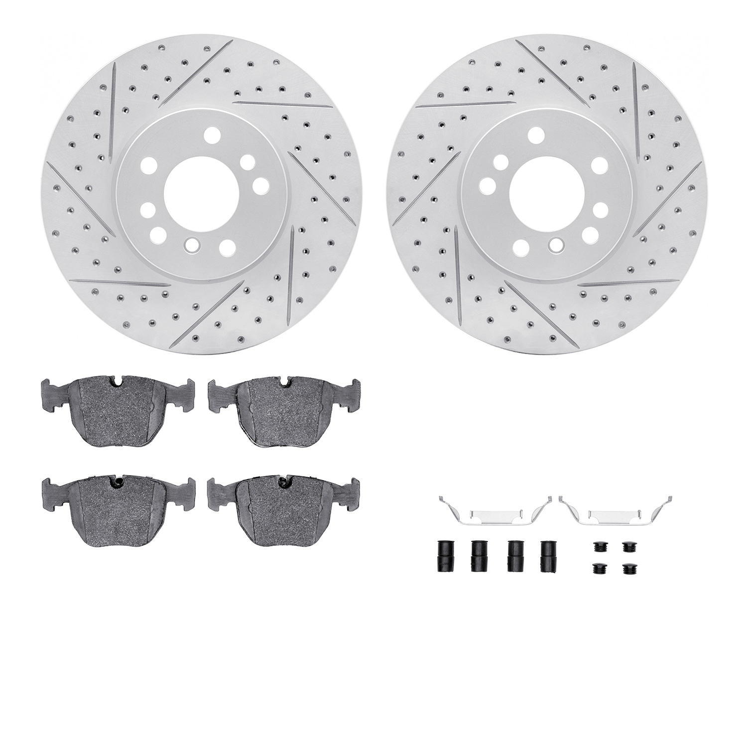 2512-31097 Geoperformance Drilled/Slotted Rotors w/5000 Advanced Brake Pads Kit & Hardware, 2000-2006 BMW, Position: Front