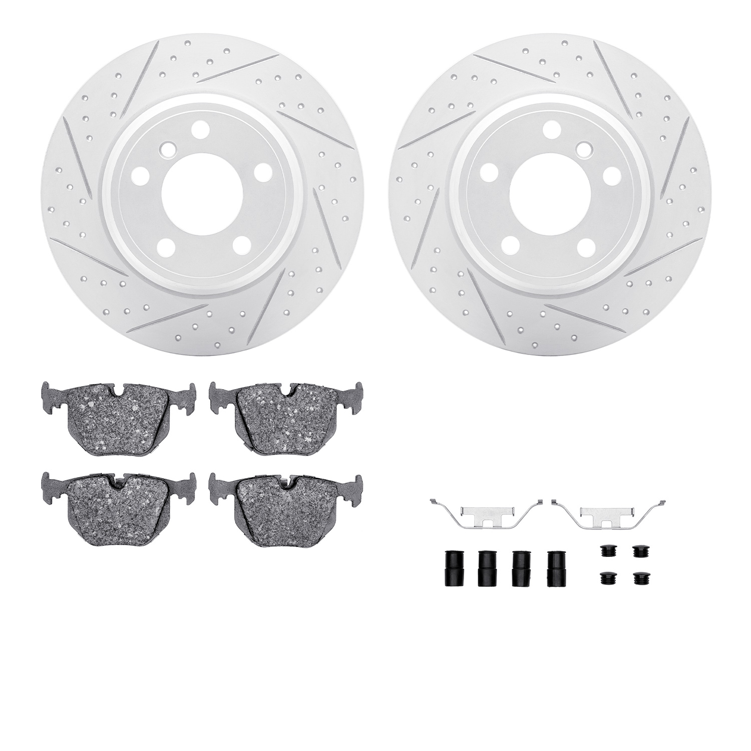 2512-31098 Geoperformance Drilled/Slotted Rotors w/5000 Advanced Brake Pads Kit & Hardware, 2000-2006 BMW, Position: Rear