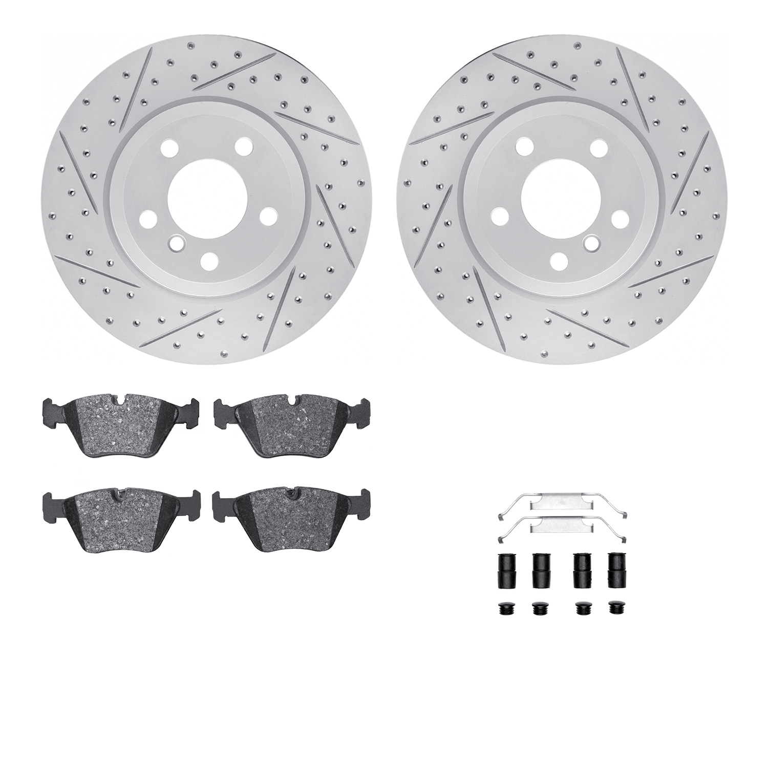 2512-31101 Geoperformance Drilled/Slotted Rotors w/5000 Advanced Brake Pads Kit & Hardware, 2004-2010 BMW, Position: Front