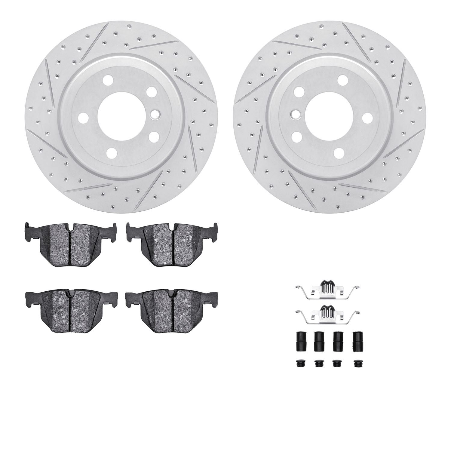 2512-31105 Geoperformance Drilled/Slotted Rotors w/5000 Advanced Brake Pads Kit & Hardware, 2007-2014 BMW, Position: Rear