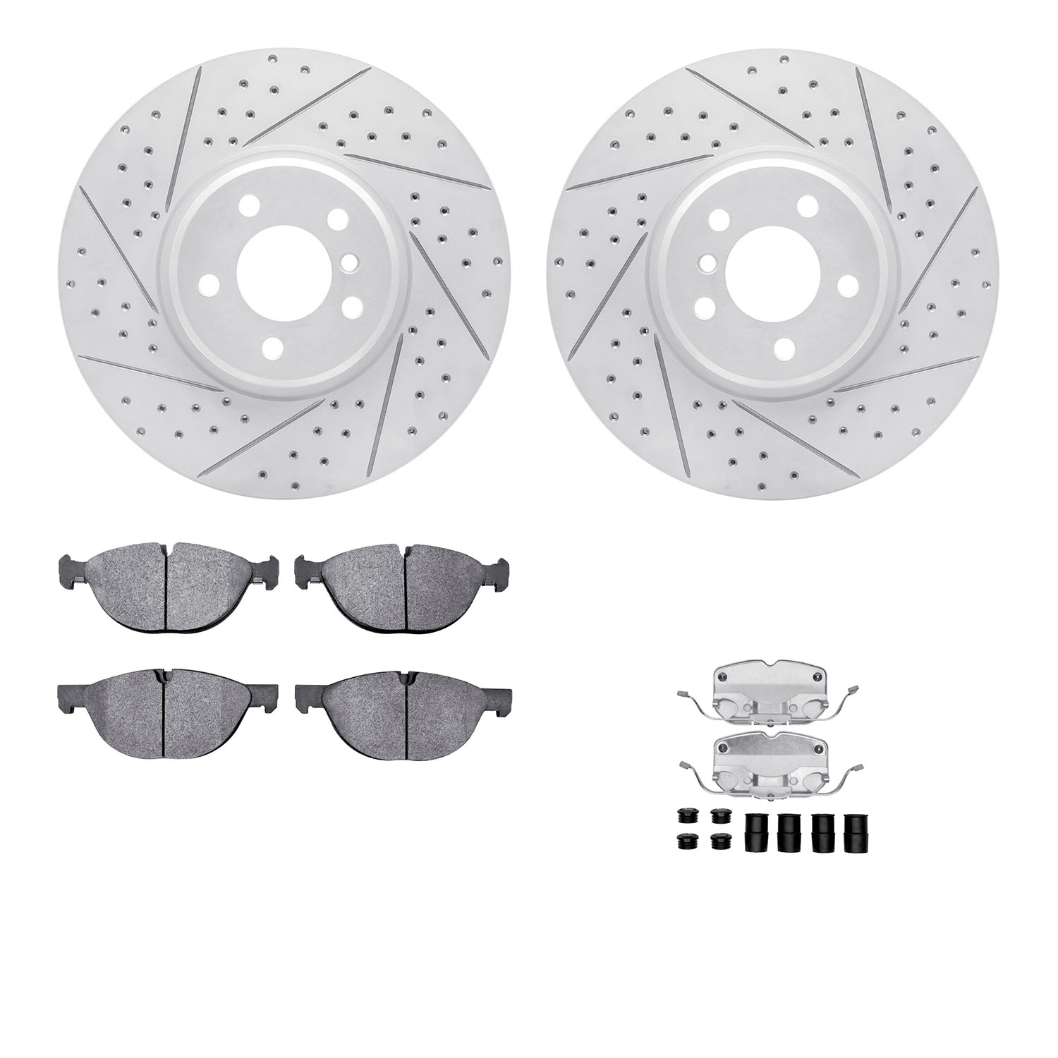 2512-31110 Geoperformance Drilled/Slotted Rotors w/5000 Advanced Brake Pads Kit & Hardware, 2008-2014 BMW, Position: Front