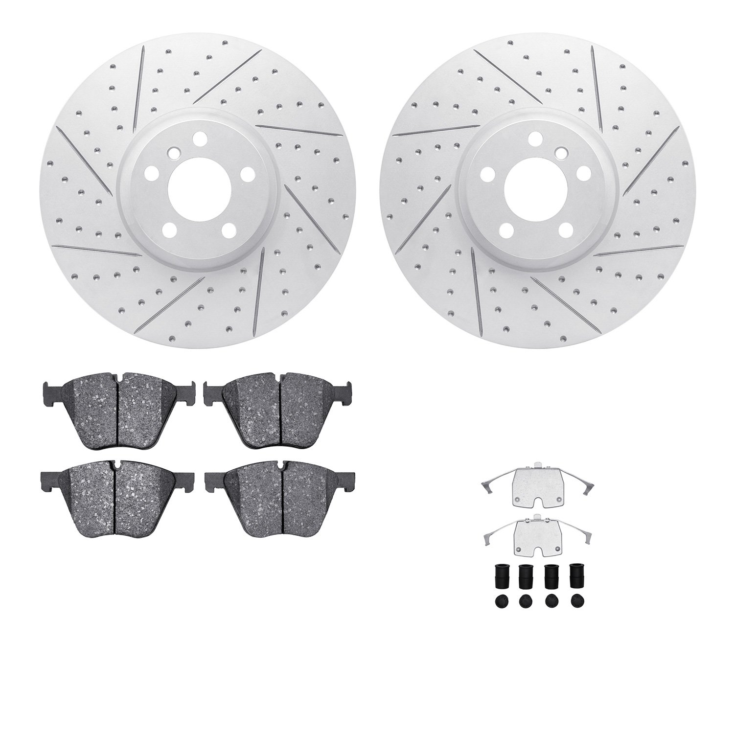 2512-31113 Geoperformance Drilled/Slotted Rotors w/5000 Advanced Brake Pads Kit & Hardware, 2010-2011 BMW, Position: Front