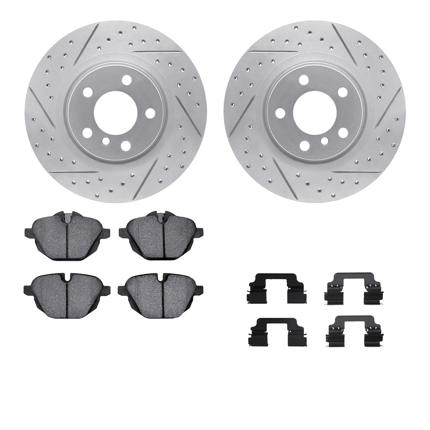 2512-31116 Geoperformance Drilled/Slotted Rotors w/5000 Advanced Brake Pads Kit & Hardware, 2015-2018 BMW, Position: Rear