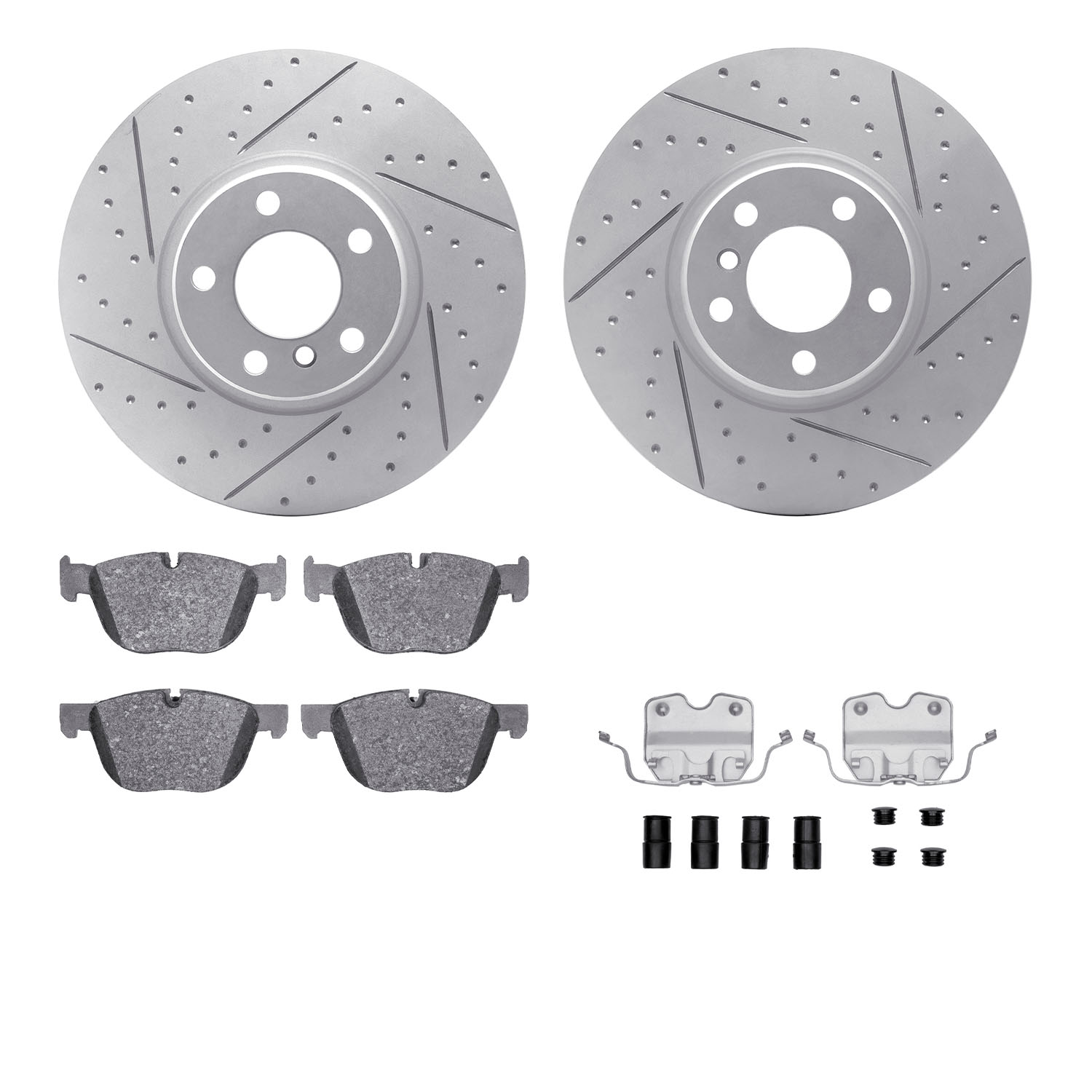 2512-31134 Geoperformance Drilled/Slotted Rotors w/5000 Advanced Brake Pads Kit & Hardware, 2016-2018 BMW, Position: Front