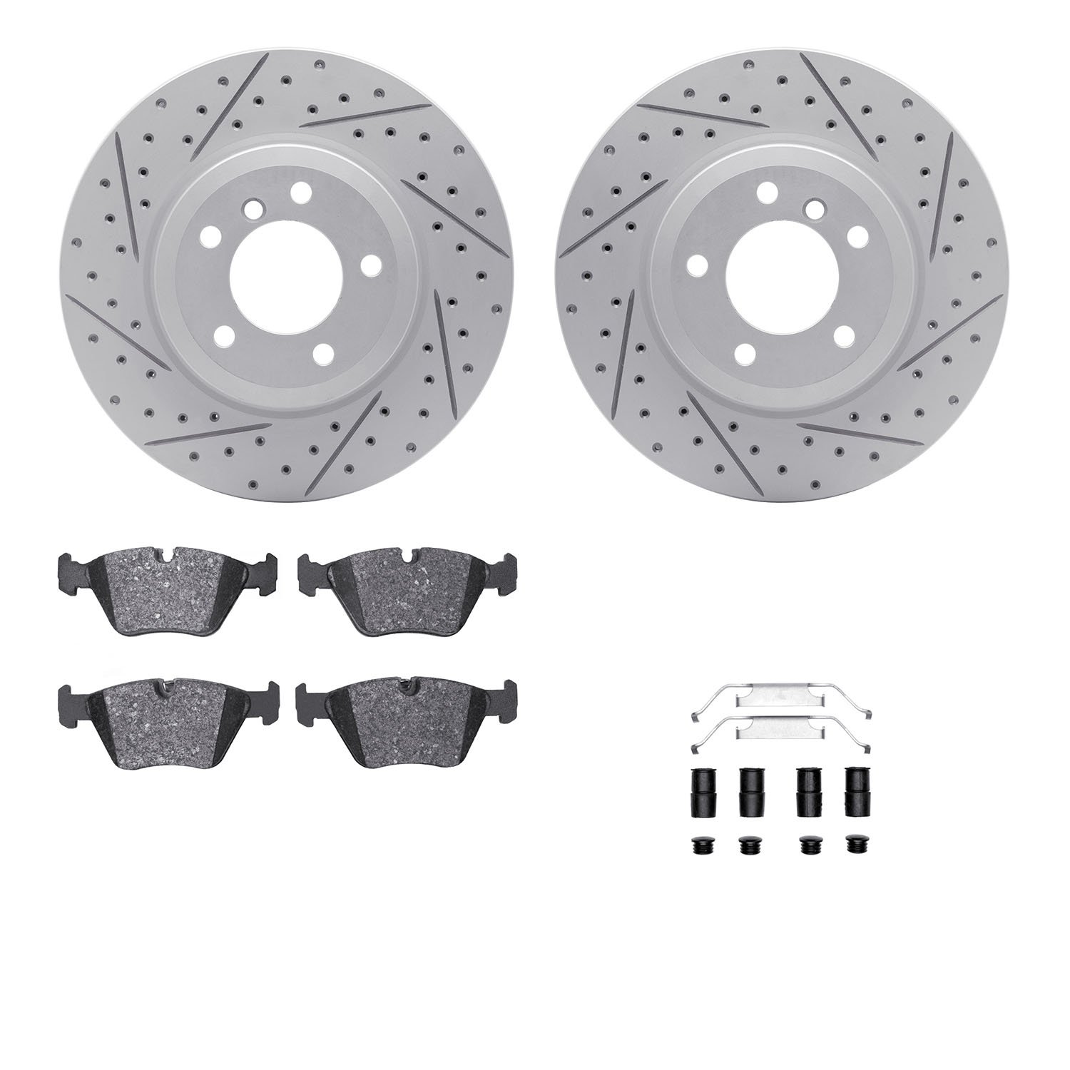 2512-31202 Geoperformance Drilled/Slotted Rotors w/5000 Advanced Brake Pads Kit & Hardware, 2001-2008 BMW, Position: Front