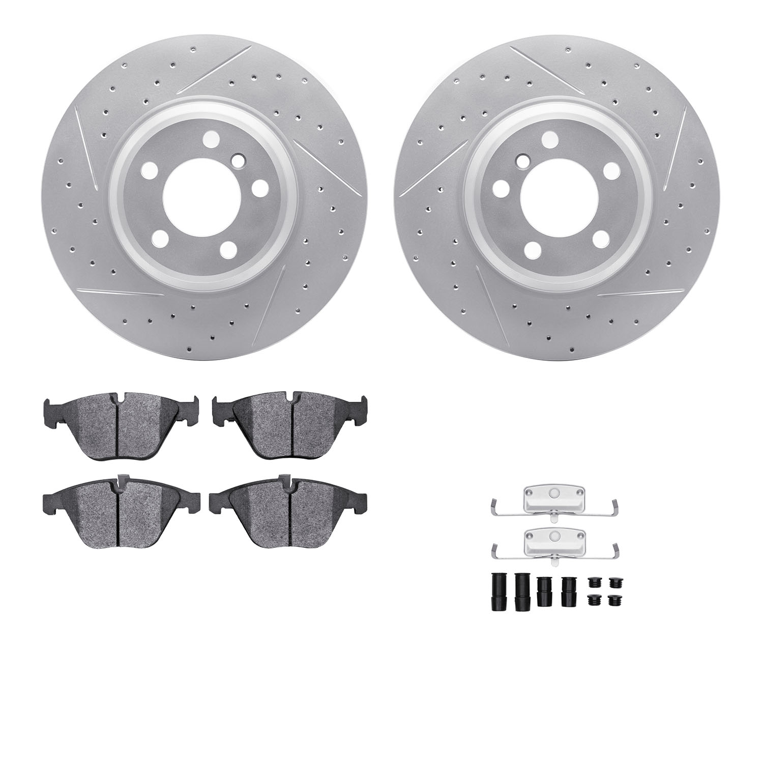 2512-31231 Geoperformance Drilled/Slotted Rotors w/5000 Advanced Brake Pads Kit & Hardware, 2002-2008 BMW, Position: Front
