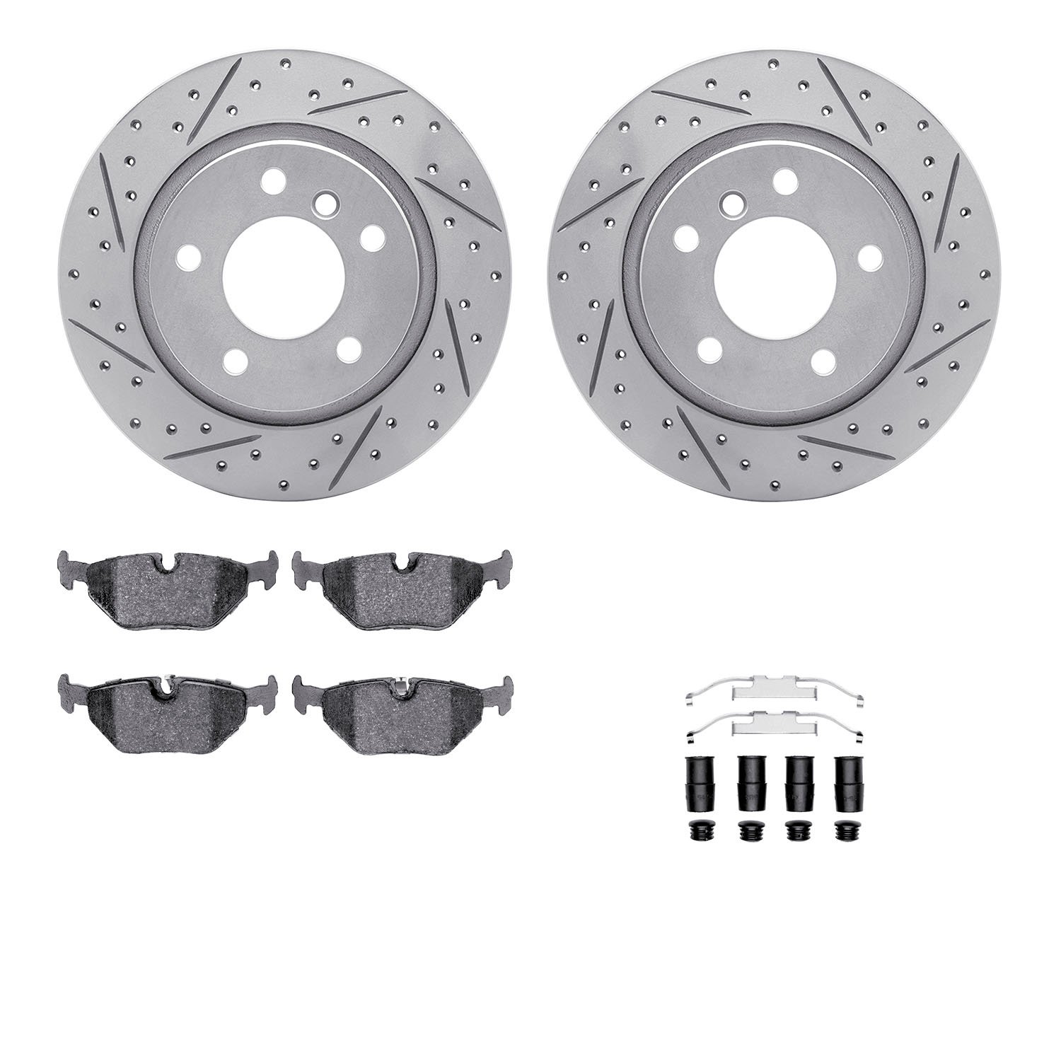 2512-31239 Geoperformance Drilled/Slotted Rotors w/5000 Advanced Brake Pads Kit & Hardware, 2003-2008 BMW, Position: Rear