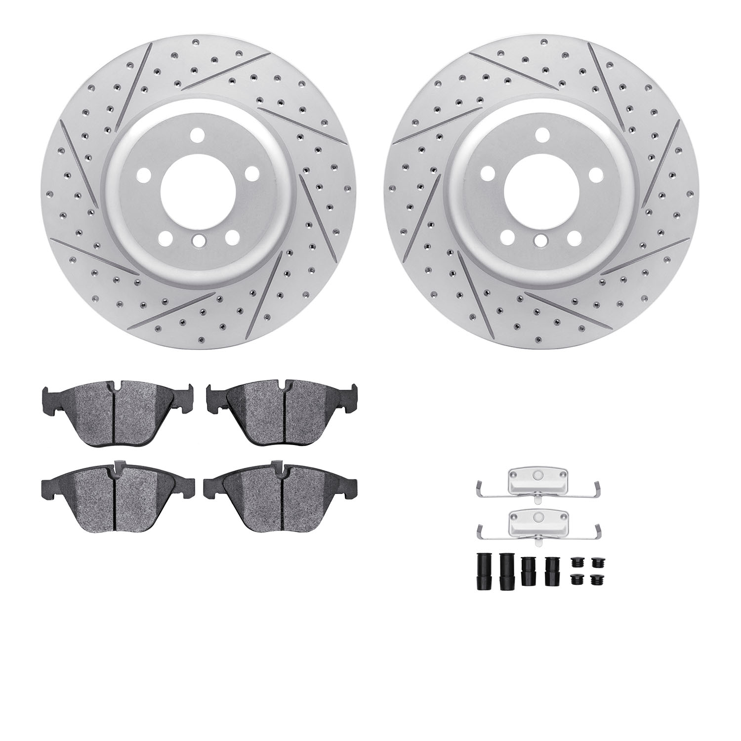 2512-31251 Geoperformance Drilled/Slotted Rotors w/5000 Advanced Brake Pads Kit & Hardware, 2004-2010 BMW, Position: Front