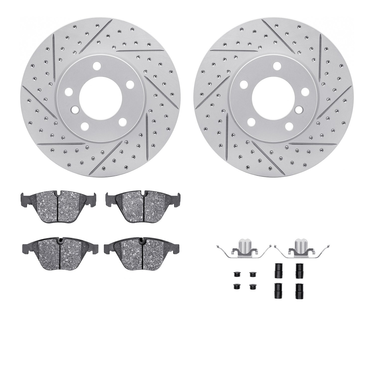 2512-31305 Geoperformance Drilled/Slotted Rotors w/5000 Advanced Brake Pads Kit & Hardware, 2007-2013 BMW, Position: Front