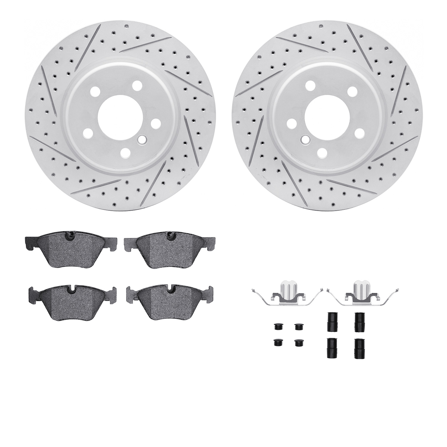 2512-31344 Geoperformance Drilled/Slotted Rotors w/5000 Advanced Brake Pads Kit & Hardware, 2011-2011 BMW, Position: Front