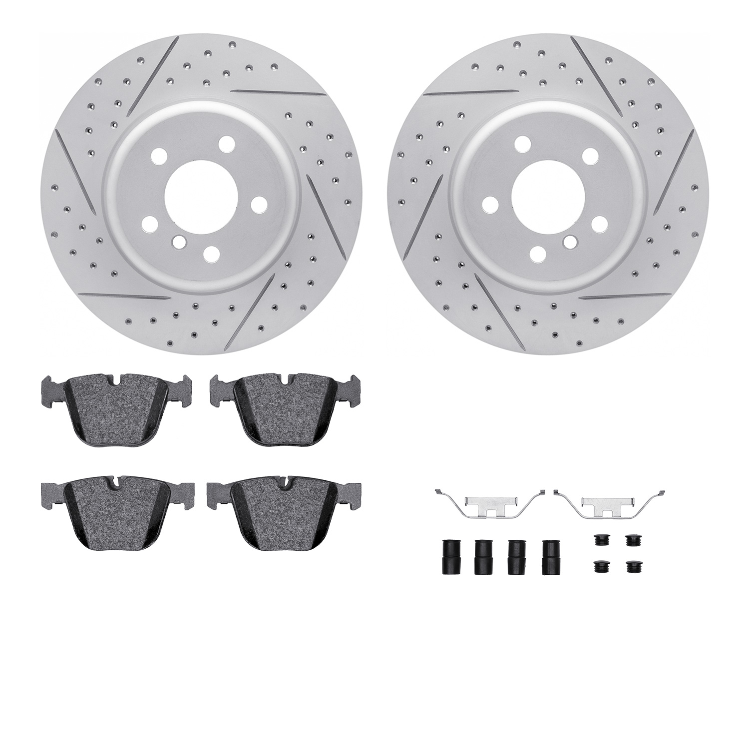 2512-31355 Geoperformance Drilled/Slotted Rotors w/5000 Advanced Brake Pads Kit & Hardware, 2011-2015 BMW, Position: Rear