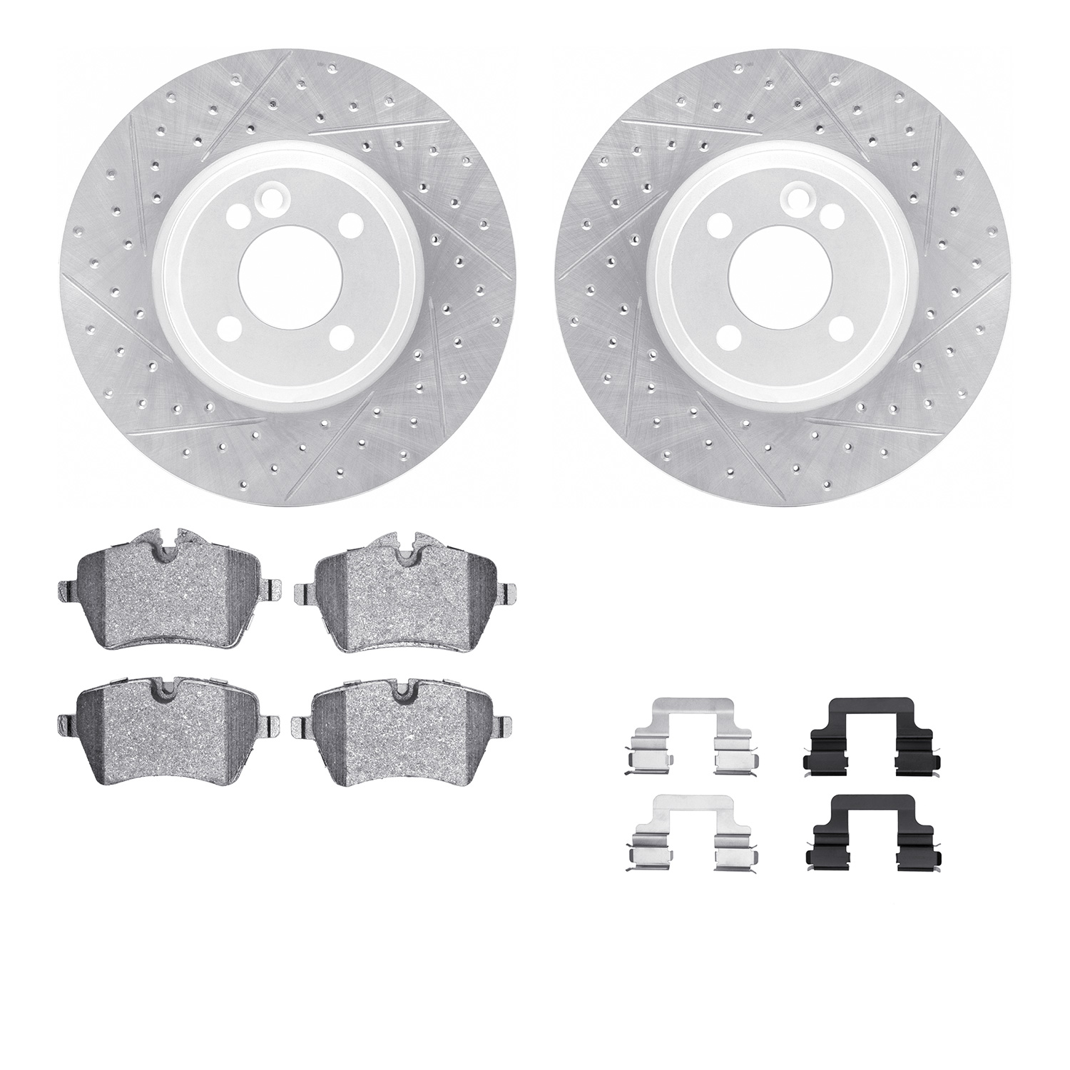 2512-32001 Geoperformance Drilled/Slotted Rotors w/5000 Advanced Brake Pads Kit & Hardware, 2002-2006 Mini, Position: Front
