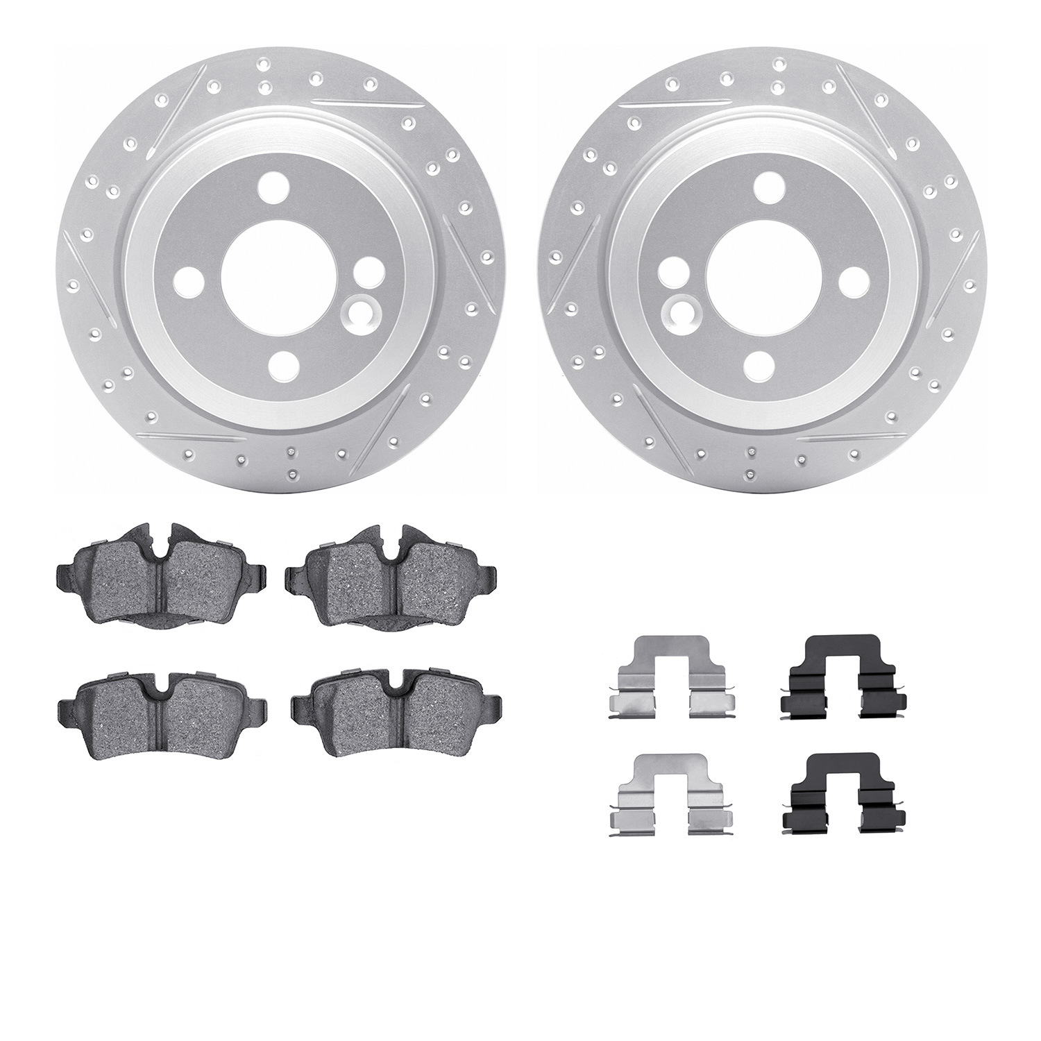 2512-32004 Geoperformance Drilled/Slotted Rotors w/5000 Advanced Brake Pads Kit & Hardware, 2007-2015 Mini, Position: Rear