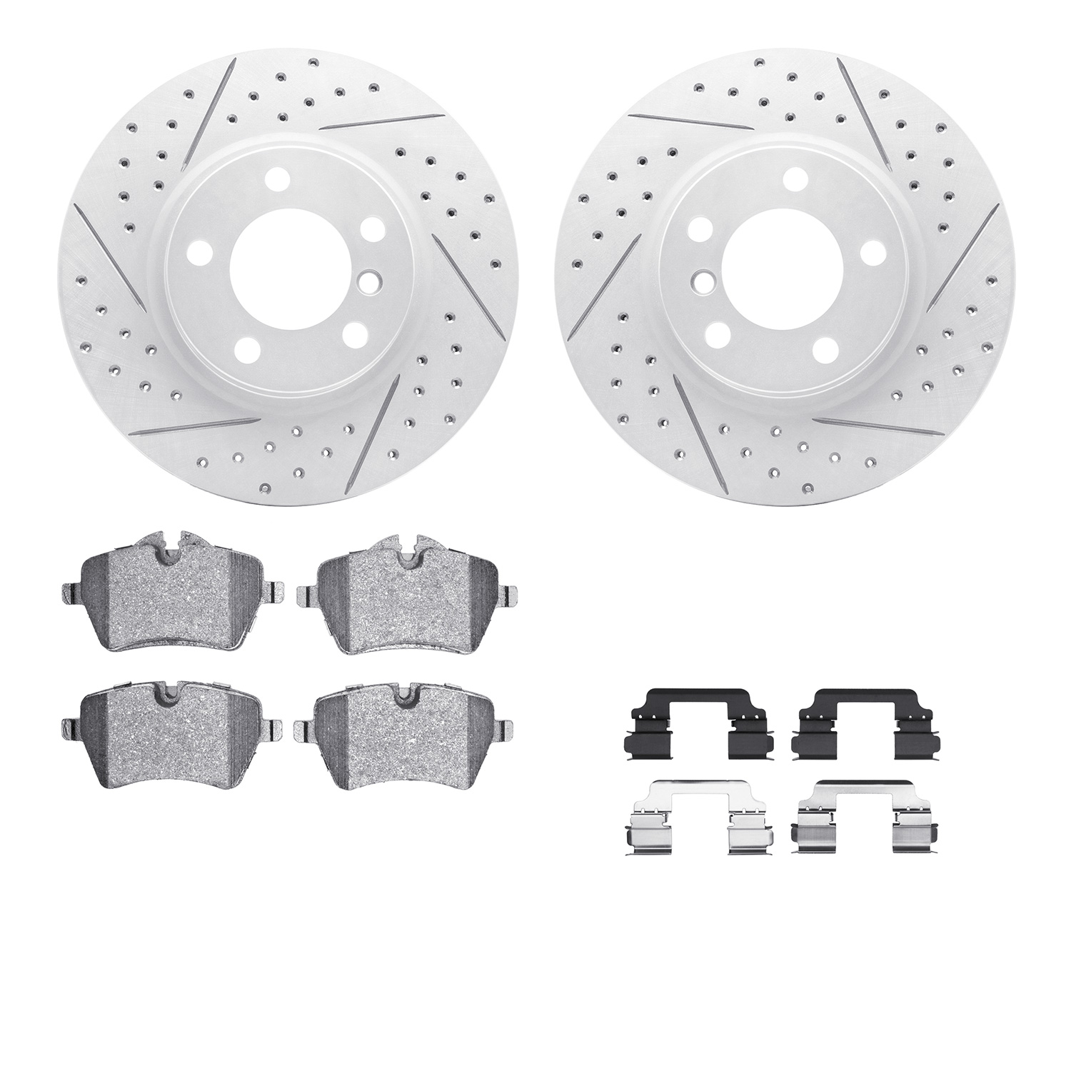 2512-32013 Geoperformance Drilled/Slotted Rotors w/5000 Advanced Brake Pads Kit & Hardware, 2011-2016 Mini, Position: Front