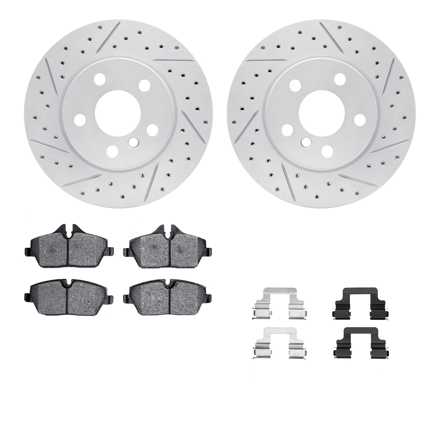 2512-32021 Geoperformance Drilled/Slotted Rotors w/5000 Advanced Brake Pads Kit & Hardware, Fits Select Mini, Position: Front
