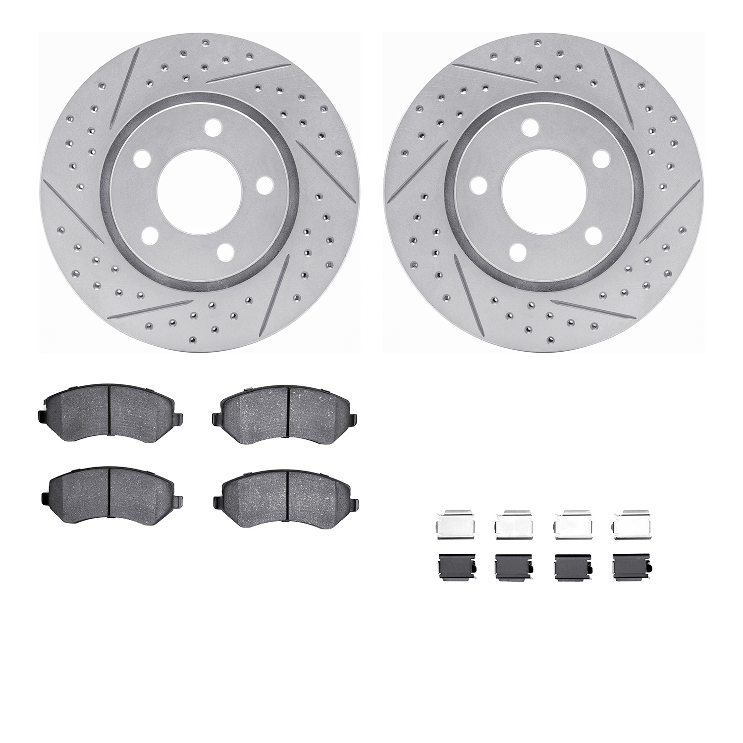 2512-40041 Geoperformance Drilled/Slotted Rotors w/5000 Advanced Brake Pads Kit & Hardware, 2001-2007 Mopar, Position: Front