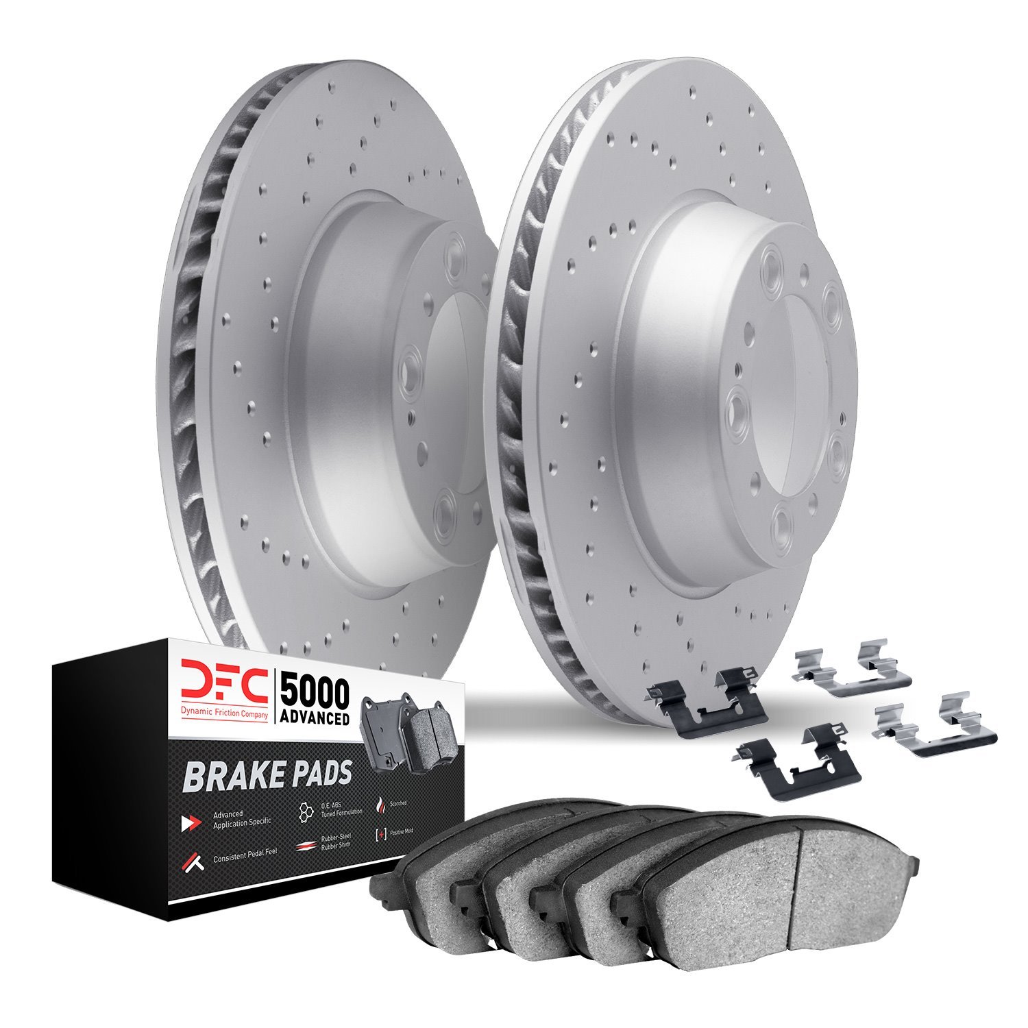 2512-40076 Geoperformance Drilled Brake Rotors w/5000 Advanced Brake Pads Kit & Hardware, 2008-2009 Mopar, Position: Front