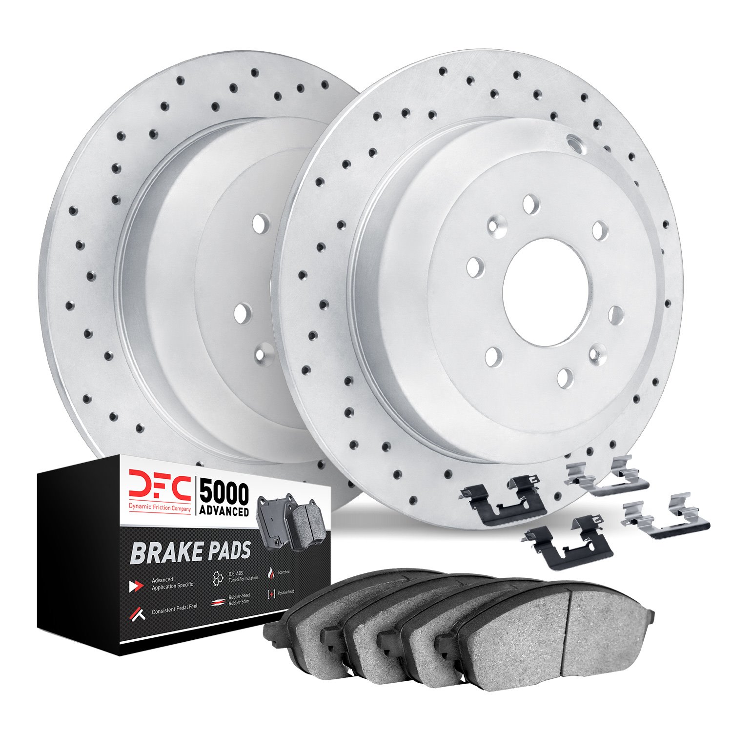 2512-40108 Geoperformance Drilled Brake Rotors w/5000 Advanced Brake Pads Kit & Hardware, 2007-2018 Multiple Makes/Models, Posit