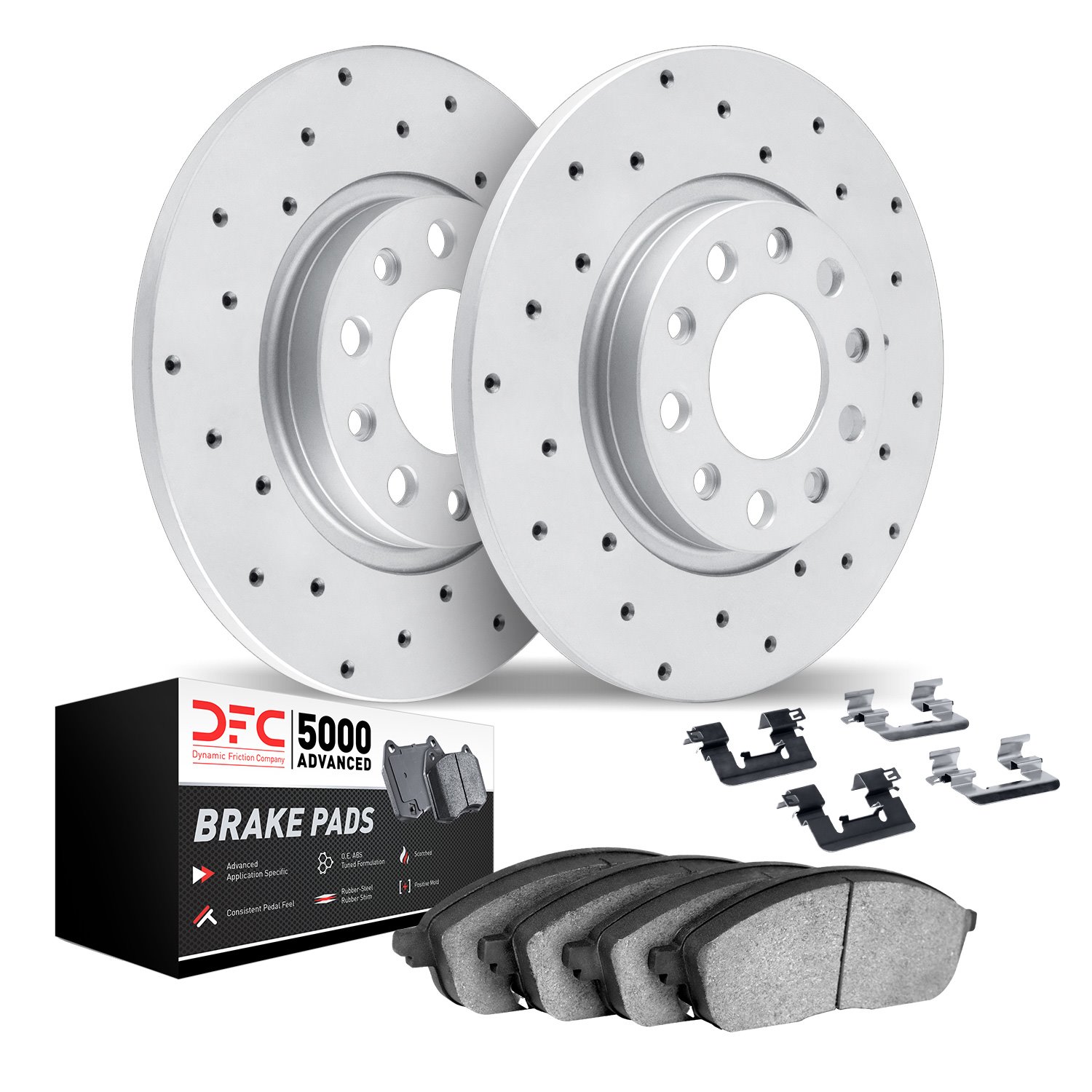 2512-40125 Geoperformance Drilled Brake Rotors w/5000 Advanced Brake Pads Kit & Hardware, 1997-2000 Mopar, Position: Rear