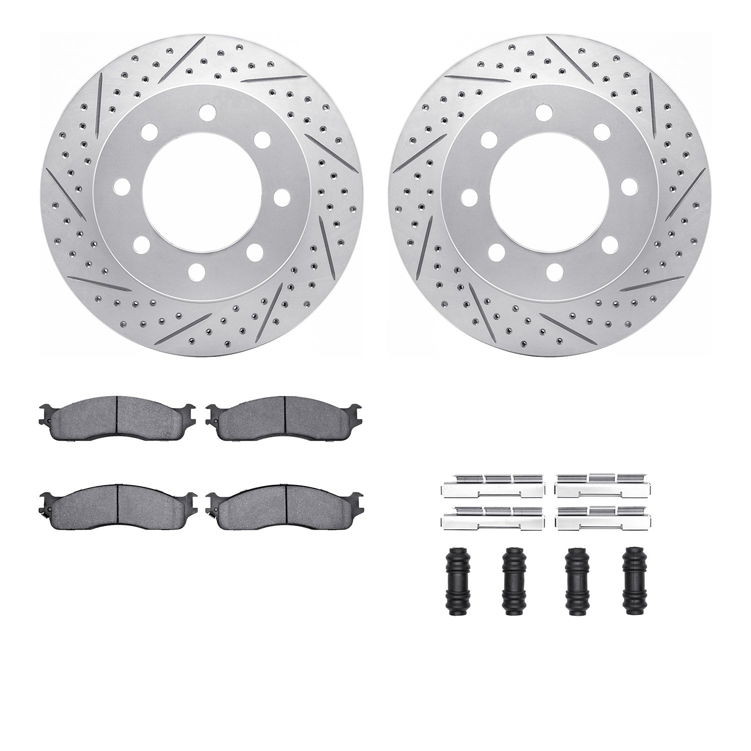 2512-40153 Geoperformance Drilled/Slotted Rotors w/5000 Advanced Brake Pads Kit & Hardware, 2003-2008 Mopar, Position: Front