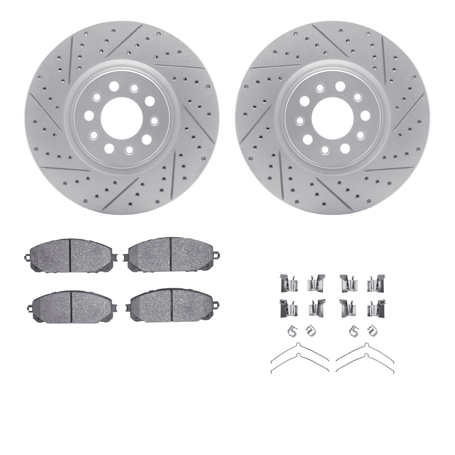 2512-42008 Geoperformance Drilled/Slotted Rotors w/5000 Advanced Brake Pads Kit & Hardware, 2015-2021 Mopar, Position: Front