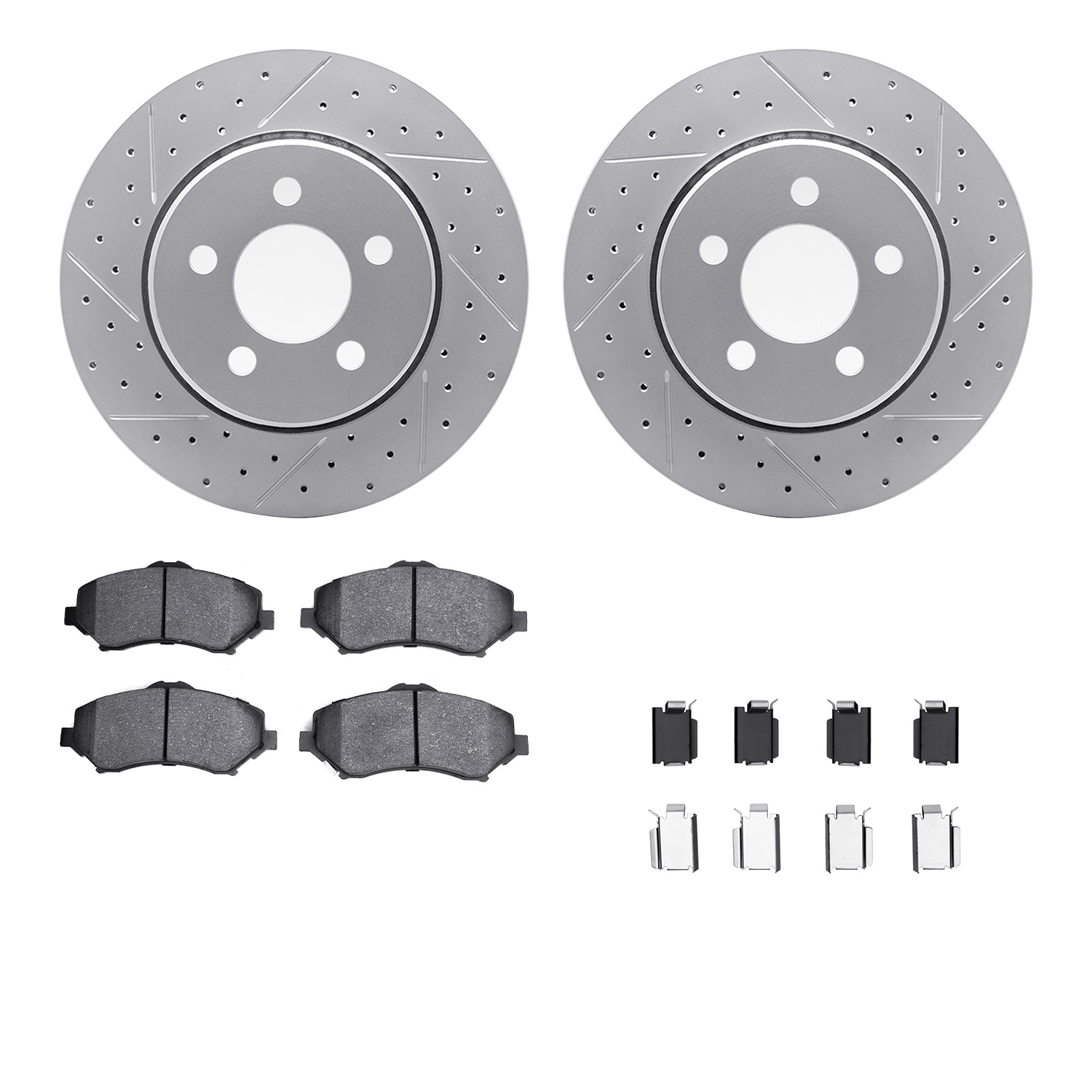 2512-42010 Geoperformance Drilled/Slotted Rotors w/5000 Advanced Brake Pads Kit & Hardware, 2007-2012 Mopar, Position: Front