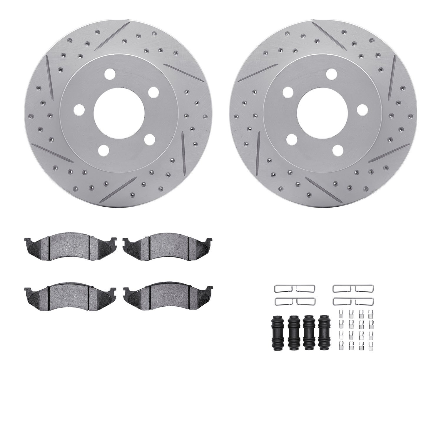 2512-42013 Geoperformance Drilled/Slotted Rotors w/5000 Advanced Brake Pads Kit & Hardware, 1993-1999 Mopar, Position: Front