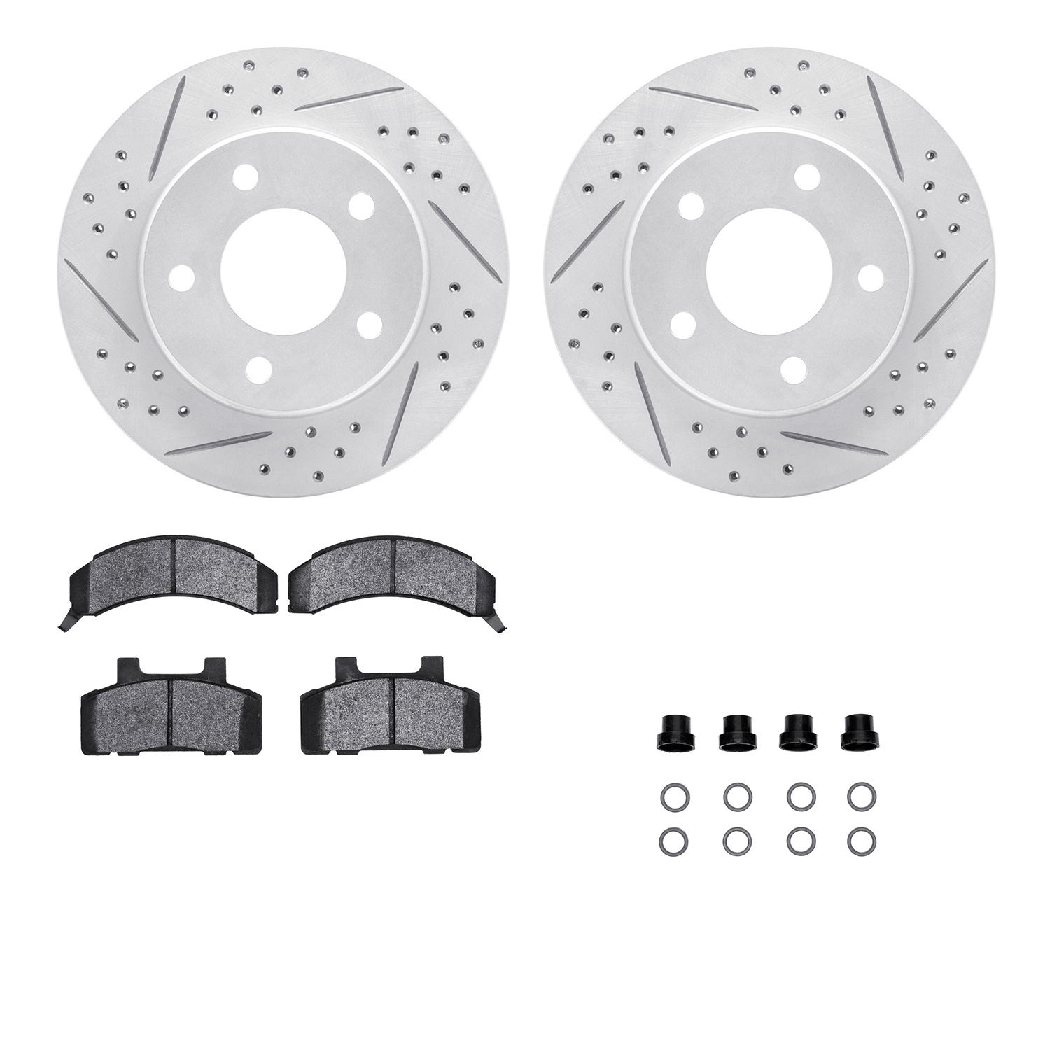 2512-45000 Geoperformance Drilled/Slotted Rotors w/5000 Advanced Brake Pads Kit & Hardware, 1983-1990 GM, Position: Front